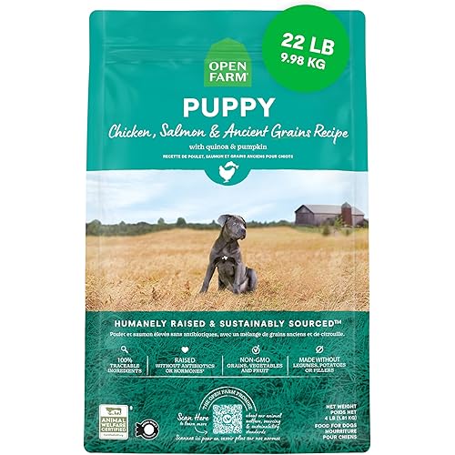 Open Farm, Ancient Grains Dry Dog Food for Puppies, Protein-Rich & Nutrient Dense, 90% Animal Protein Mixed with Non-GMO Fruits, Veggies and Superfoods, Chicken & Salmon Recipe for Puppy, 22lb Bag