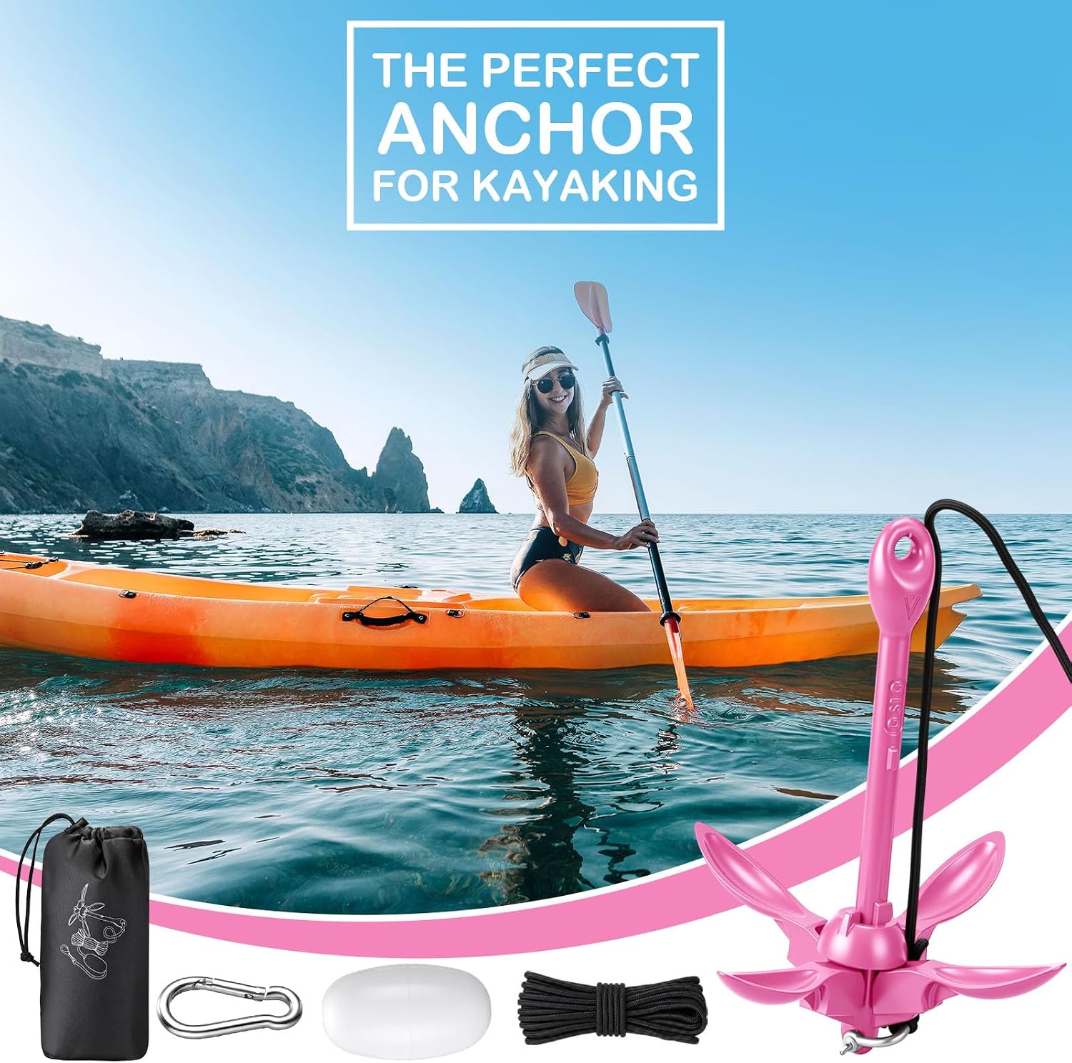 MorningRo 1 Pack 1.5/3.5 lb Marine Kayak Anchor Kit with 40ft Rope and Buoy Folding Grapnel Boat Anchor Kit Kayak Fishing Accessories for Small Boats, Canoe, SUP Paddle Boards