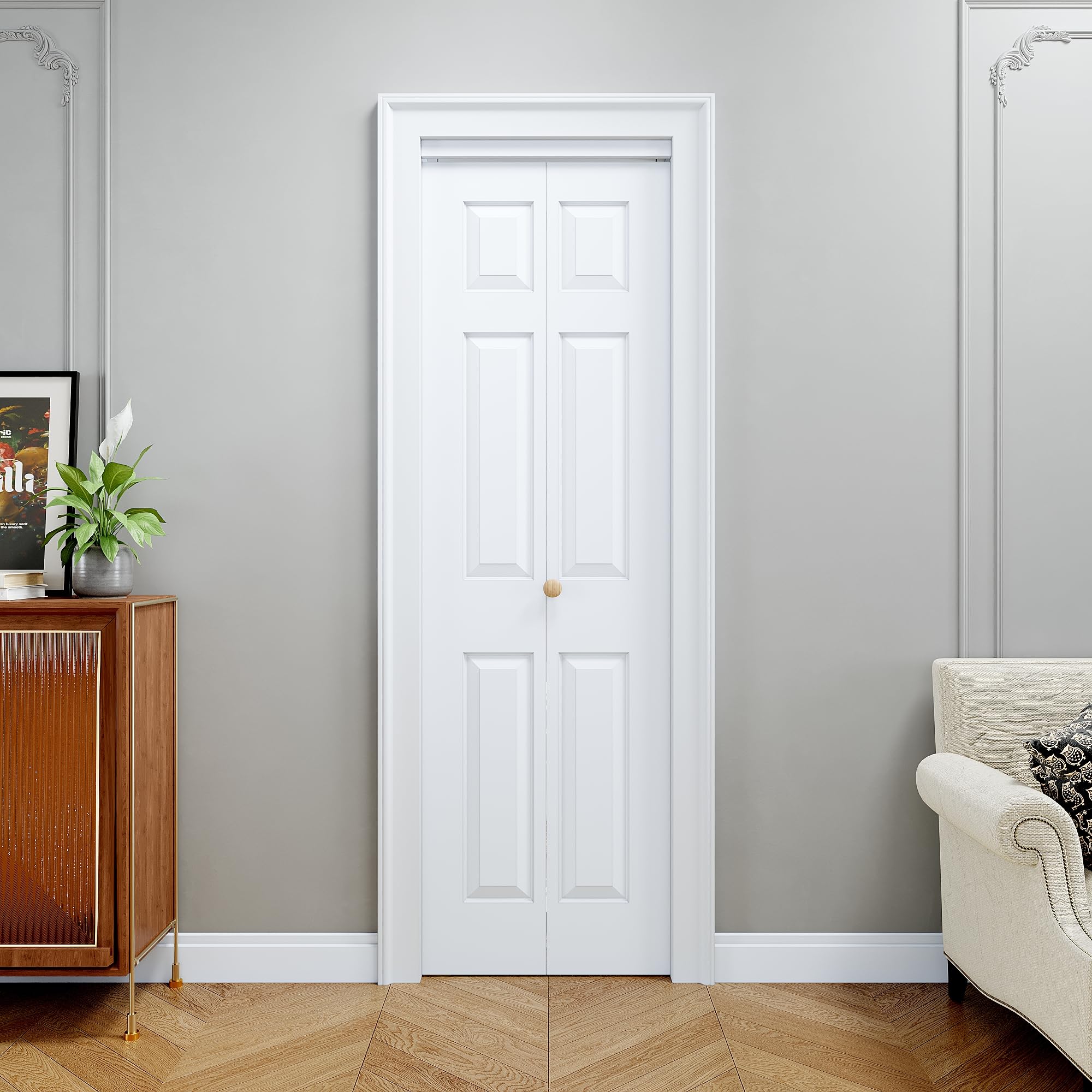 Condition photo showing New/Like New for bifold door for 24" x 80" opening, 6-panel hollow core folding doors with hardware kit, bifold barn doors panels for closet/pantry/laundry, pre-assembled easy to install, white primed