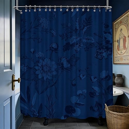 Miniatura 43 de Cortina de ducha azul marino de bosque Cortina de ducha azul oscuro de montaña y naturaleza para decoración de baño de hombres, tela impermeable con