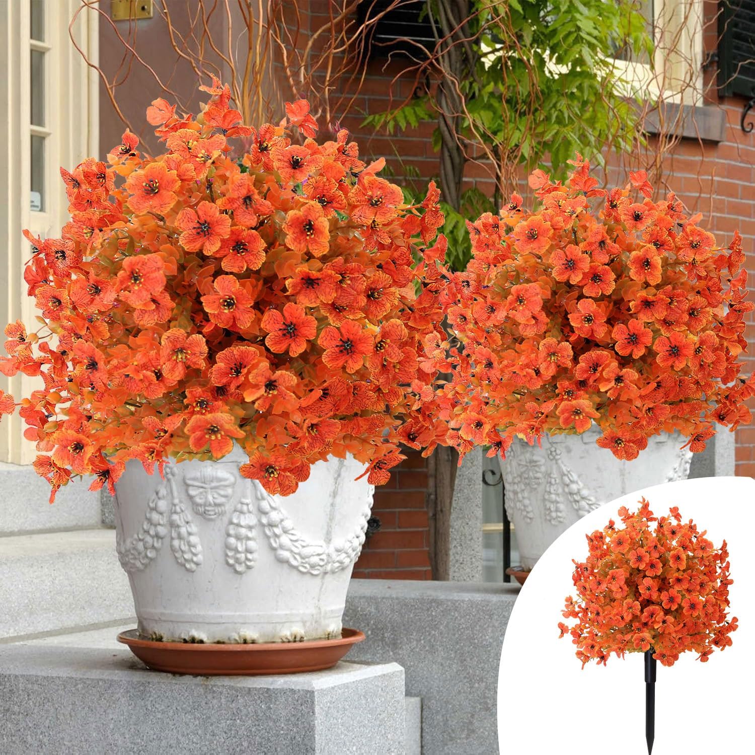 Artificial Fall Flowers for Outdoors with Spikes - Faux Silk Autumn Floral Decor, All-Weather UV Resistant Fake Fall Flowers Artificial for Garden, Cemetery, Porch, Table Centerpieces