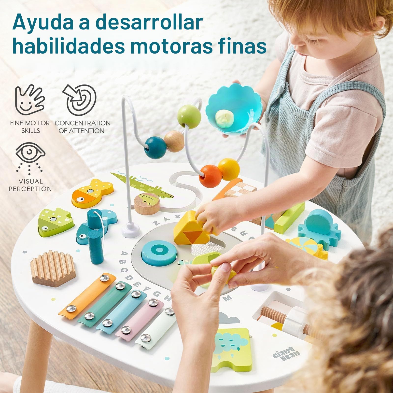 Giant bean Mesa de actividades de madera para niños de 1 año, mesa de aprendizaje Montessori 11 en 1 con laberinto de cuentas, clasificador de formas, juego de pesca y más, juguete de desarrollo