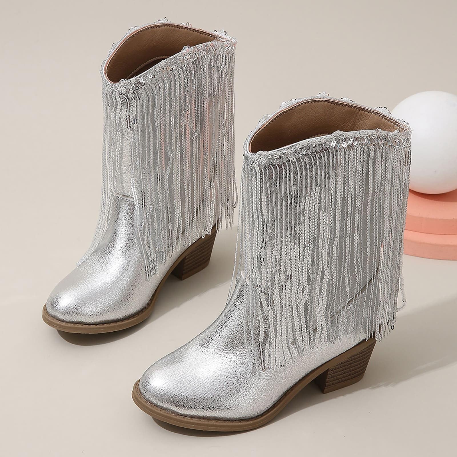 Botas Vaqueras Occidentales De Cuero De Color Sólido para Niñas Botas con Borlas Informales para Otoño E Invierno