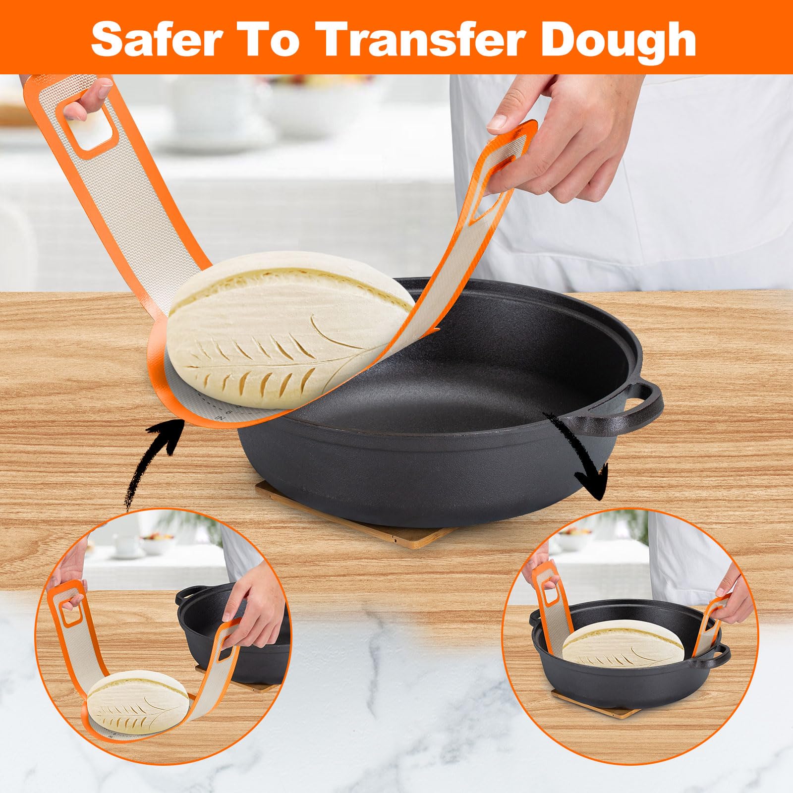 Sourdough Silicone Bread Sling -Oval and Round Non-Stick & Easy Clean Silicone Bread Mat for Dutch Oven. Reusable With Extra Long Handles Silicone Bread baking Supplies tools accessories (Orange)