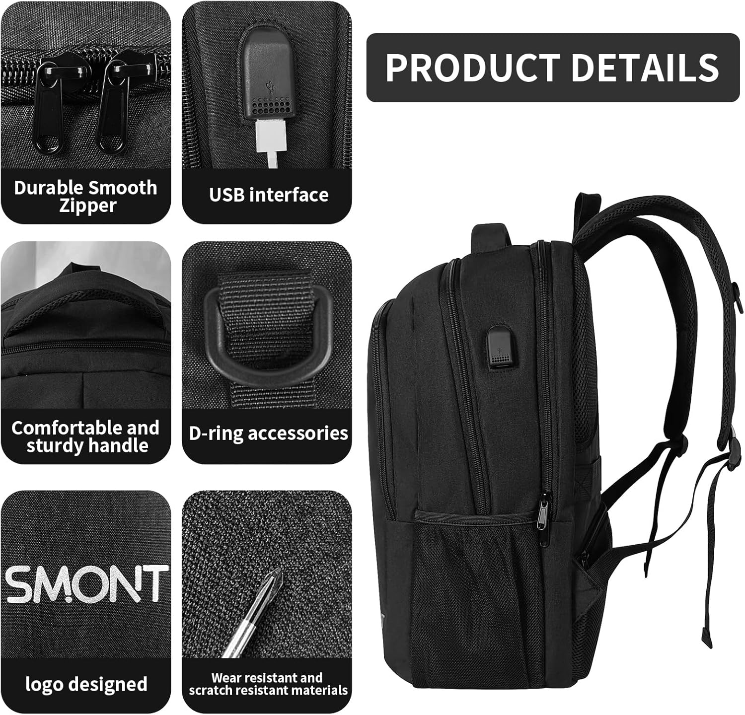 SMONT Large Laptop Backpack for Men, 17" Mens Business Bookbag for Computer Office Tech Commuter Work Black
