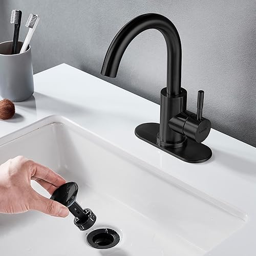 Miniatura 3 de Grifo de lavabo de baño negro mate de un solo agujero, moderno grifo de baño de una sola manija comercial de acero inoxidable grifo de fregadero de