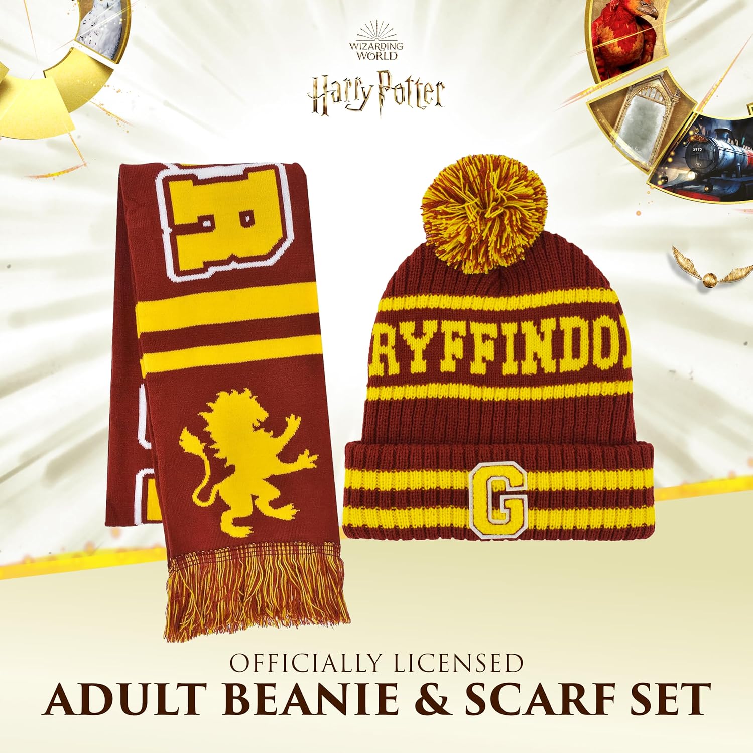 Harry Potter Unisex Adult Harry Potter Beanie Hat and Scarf Set, Hogwarts Collegiate Winter Knit Cap With Cuff and Pom