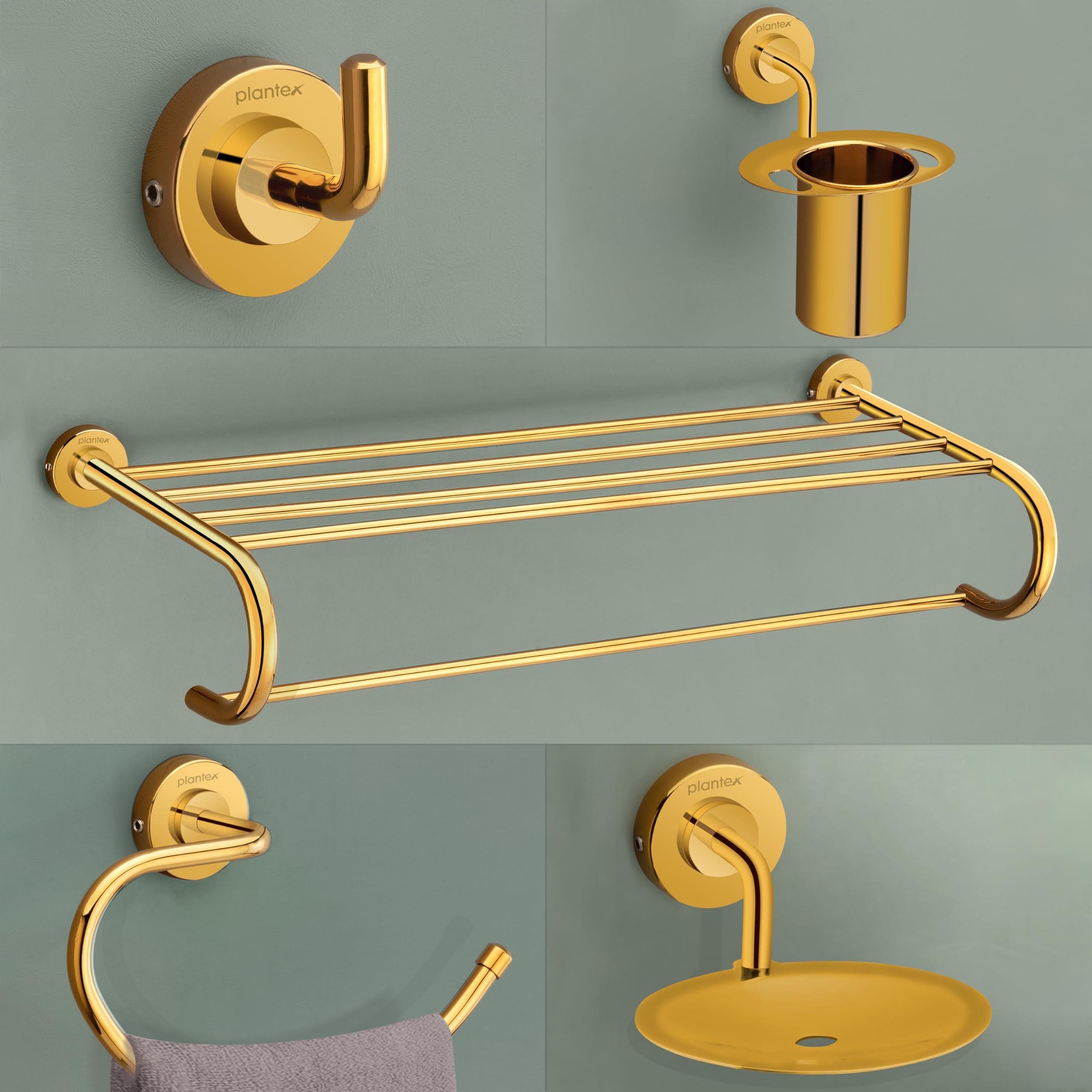 Plantex 304 Grade Stainless Steel Bathroom Accessories Set of 5 - Towel Rack/Napking Holder/Soap Holder/Toothbrush Holder/Robe Hanger - Daizy (Golden) (B0CJNZKV34) Amazon Price History, Amazon Price Tracker