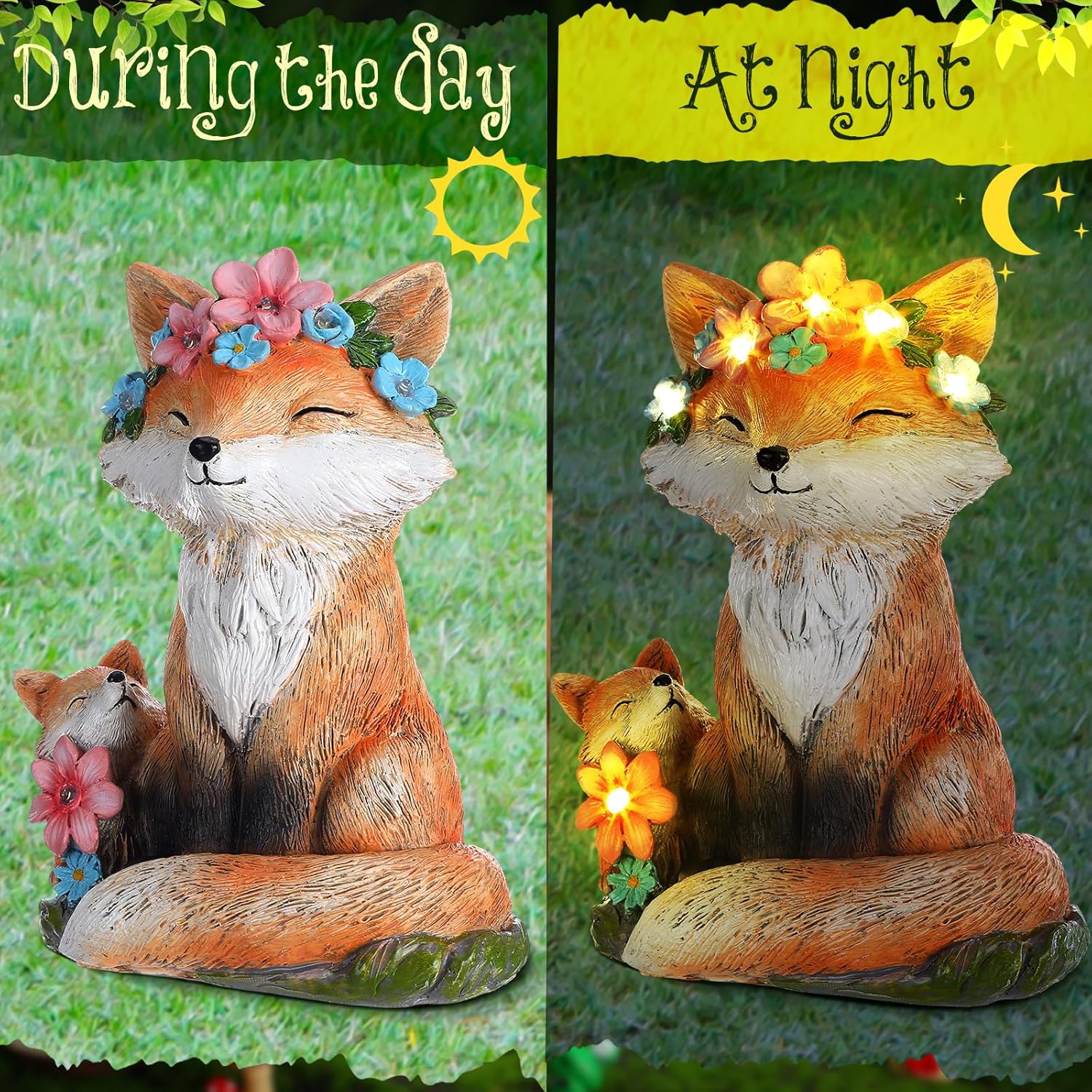 Leinuosen Fox Statue with Solar Power Light for Garden Decor Lighted Resin Fox for Women Mom Grandma Outdoor Animal Garden Statue Patio Porch Yard Lawn Courtyard Backyard Indoor