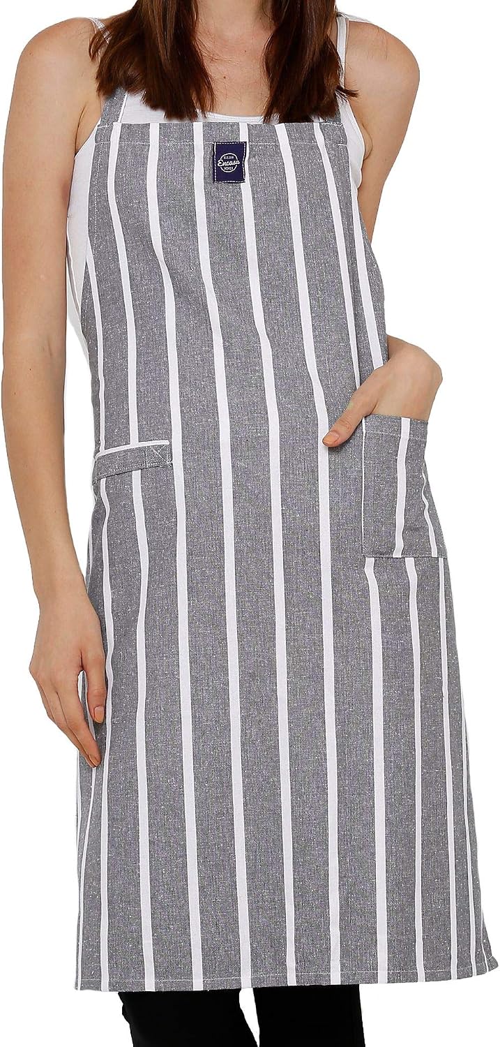 Encasa XO Adjustable Kitchen Cotton Apron With Pockets & Towel Holder Of Size 68x85 cm (Roma Grey Stripes) for Men & Women Chefs For Cooking & Baking in Home