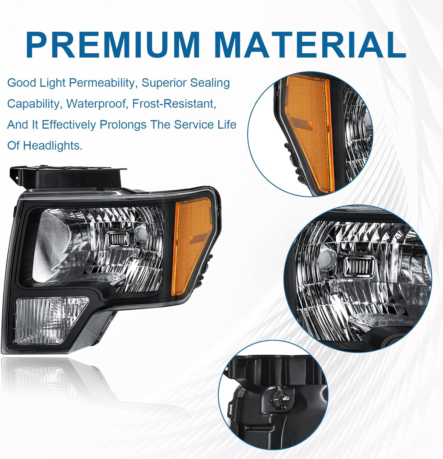 Headlights for 2009-2014 Ford F150 Pickup F-150 2010 2011 2012 2013 Amber Reflector Black Housing