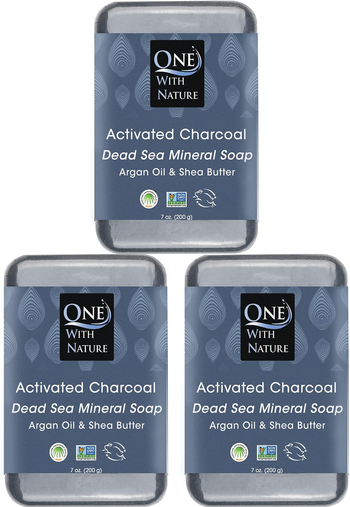 One With Nature Activated Charcoal Soap 7oz 3-Pack – Detoxifying and Exfoliating Charcoal Soap Bar with Dead Sea Salt for Face & Body, for Men & Women