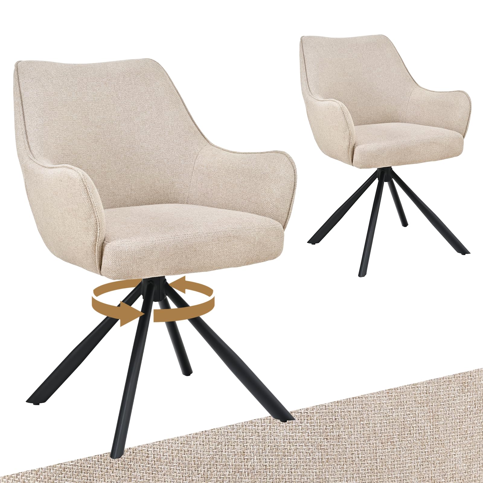 Esszimmerstühle Drehbar 2er Set mit Armlehne, gepolsterte Esszimmerstuhl mit hoher Rückenlehne für Esszimmer & Wohnzimmer, Büro, Beige