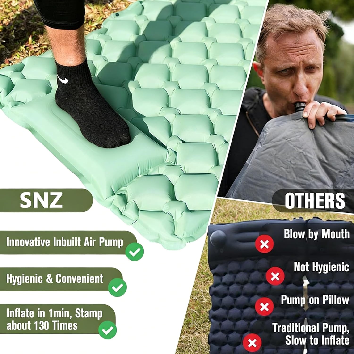 SNZ Camping Sleeping Pad, Ultralight Camping Mat with Pillow, Built-in Foot Pump Inflatable Sleeping Pads Compact for Backpacking, Tent, Travel, Outdoor Activities (Single)