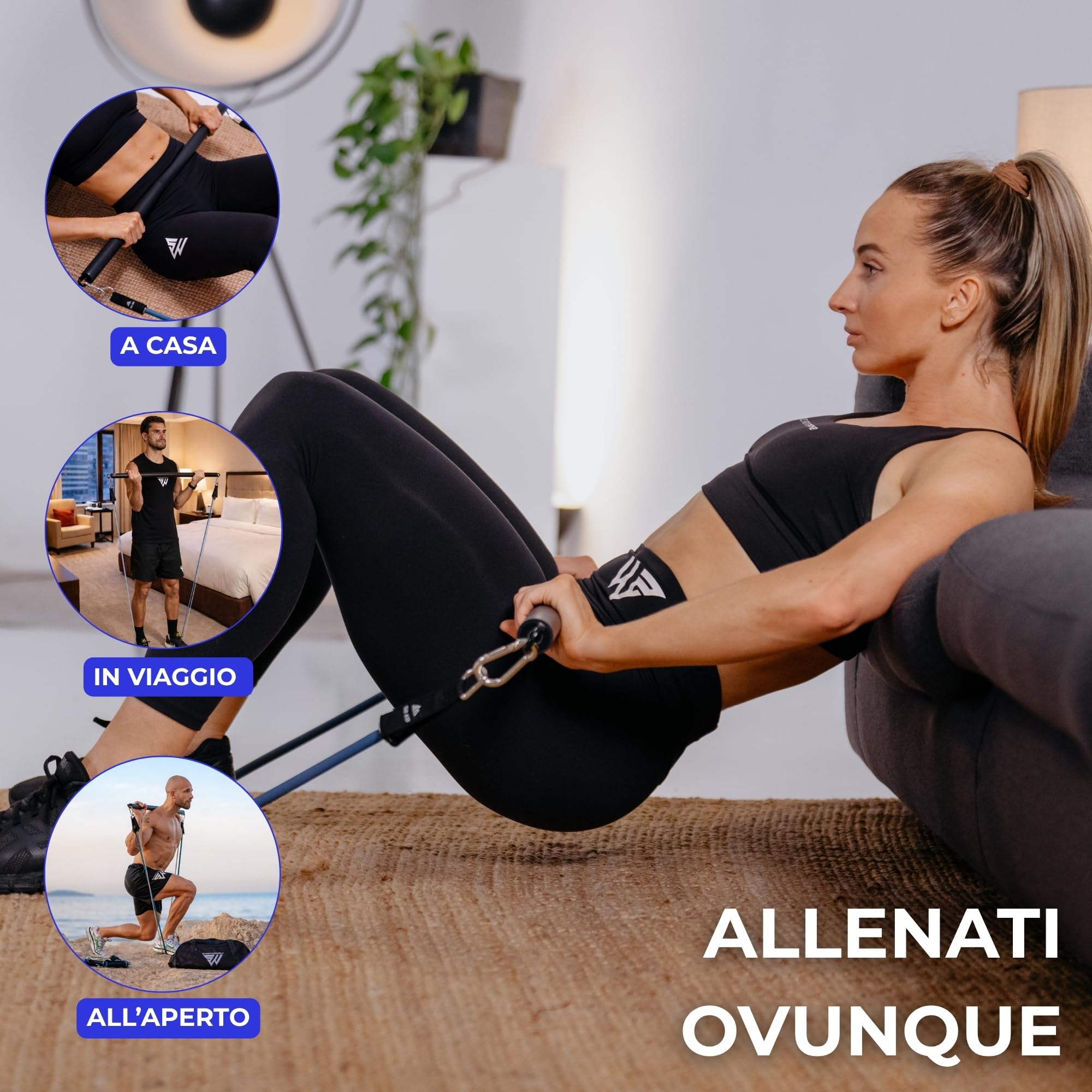 SmartWorkout® - Kit Elastici Fitness Professionale - Pacchetto Allenamento Completo 19 pezzi, 7 bande di resistenza totalizzanti 120 kg, barra per elastici, maniglie, Ancoraggio della porta & Programma Incluso