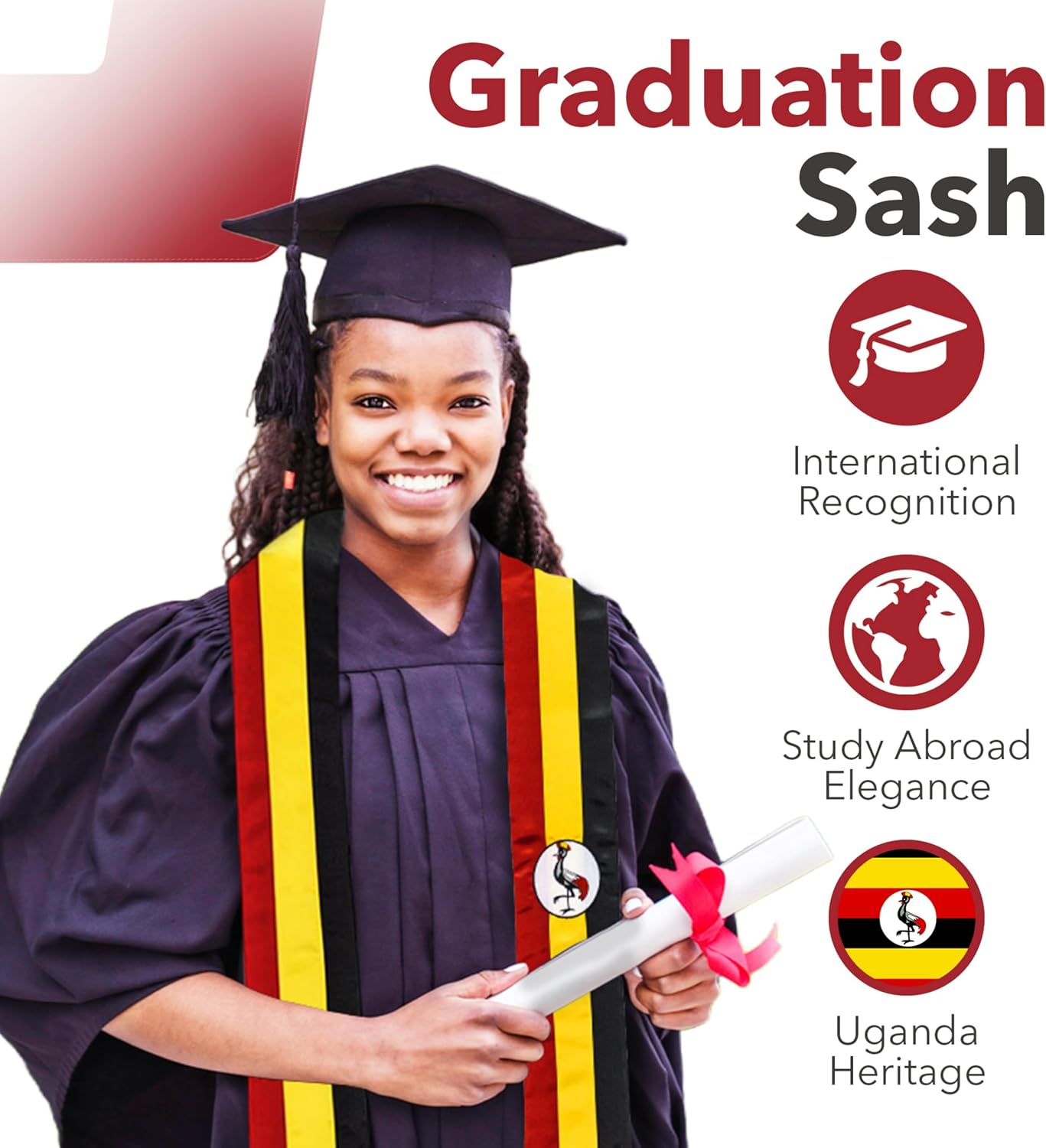 Vision Wear - Uganda Flag Graduation Sash/Stole - Vibrant Cultural Emblem - Celebrate Your Heritage - Ugandan Pride & Honor Sash