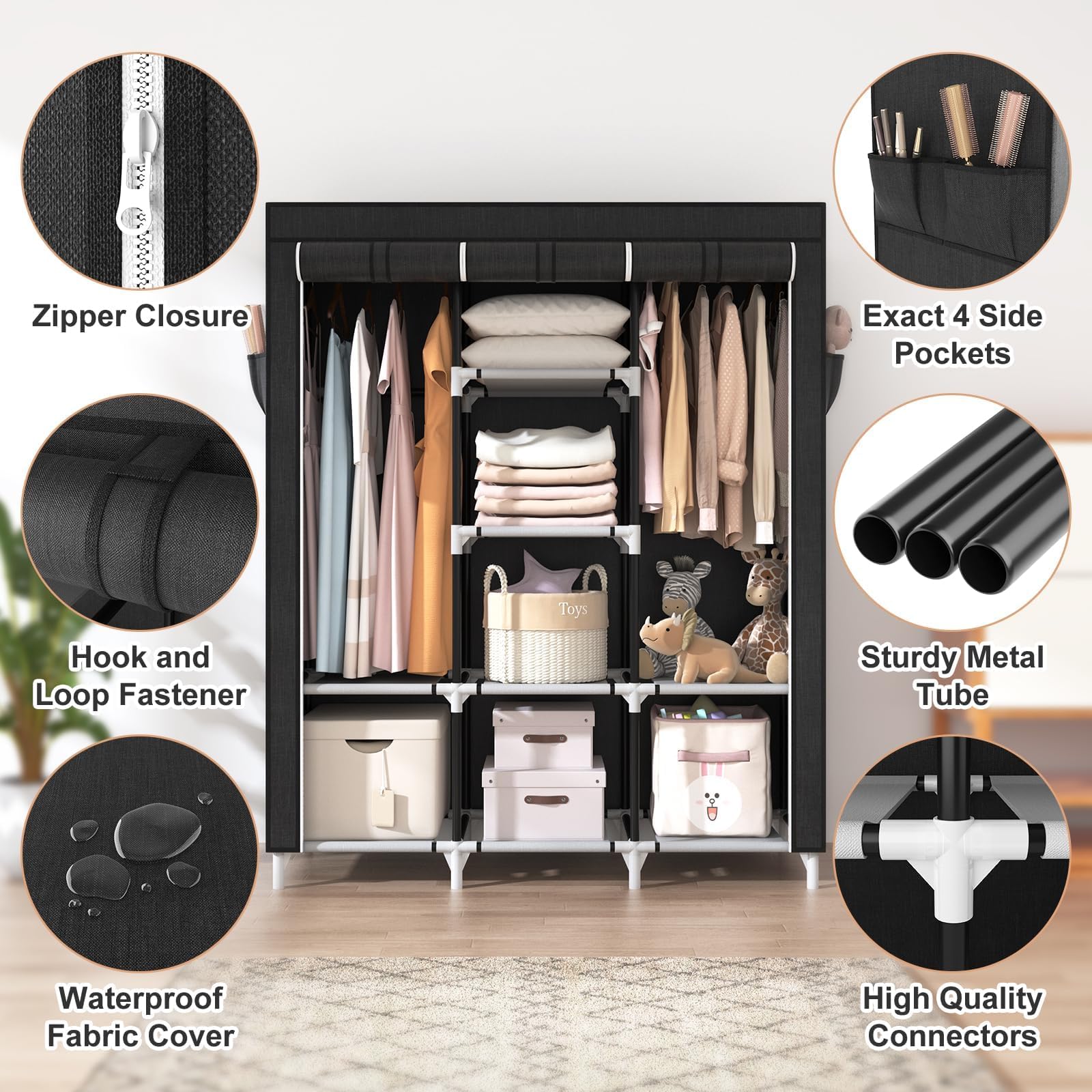 Vicye Grande Armoire en Tissu avec 2 tringles à vêtements et 8 étagères, Pliable, avec Housse, pour Dressing, Chambre à Coucher (Noir, 124 x 42 x 162 cm)