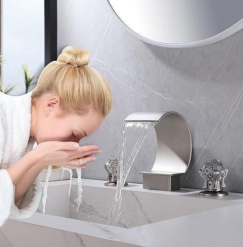 Miniatura 2 de Grifo de lavabo de baño de 3 agujeros, cascada generalizada, grifos de baño con asas de cristales, grifo mezclador de lavabo de 8 pulgadas de alto