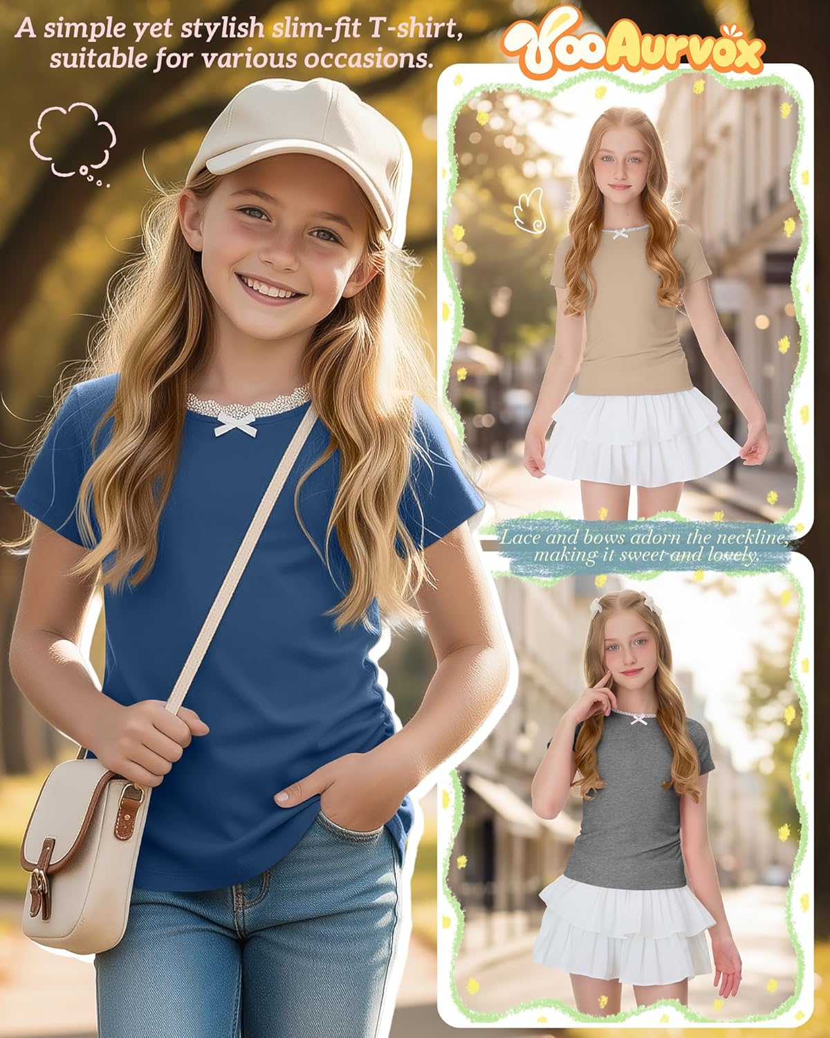 5 Pack Girl's Shirts Short Sleeve Lace Trim Crew Neck Tops Kids Basic Cute Easter Tees 5-14 Years