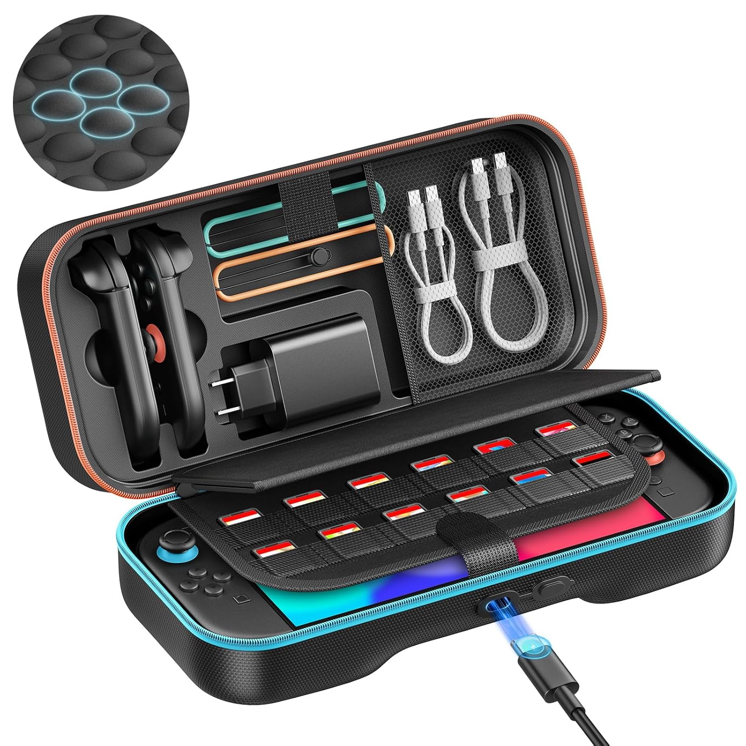 Bemkiru Charge-While-Travel Switch Carrying Case for Nintendo Switch 2 Accessories with Adapter and for Joy Cons Storage, Hard EVA Switch 2 Shock-absorbing Protective Case with 36 Games Cartridges
