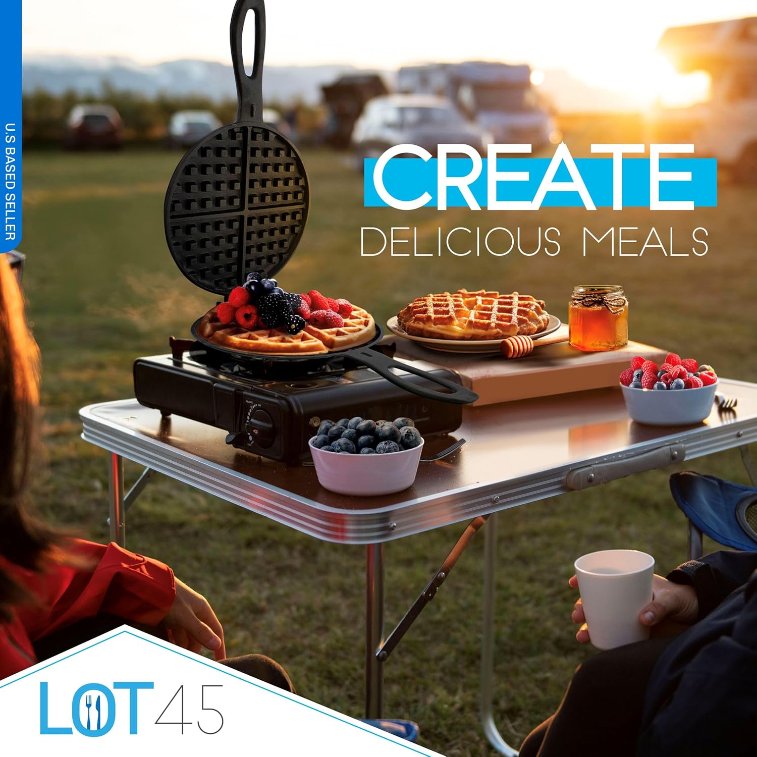 Lot45 Cast Iron Waffle Maker Pan - 6in Stove Top Waffle Iron Cookware, Portable Camping Breakfast Maker for Stovetop