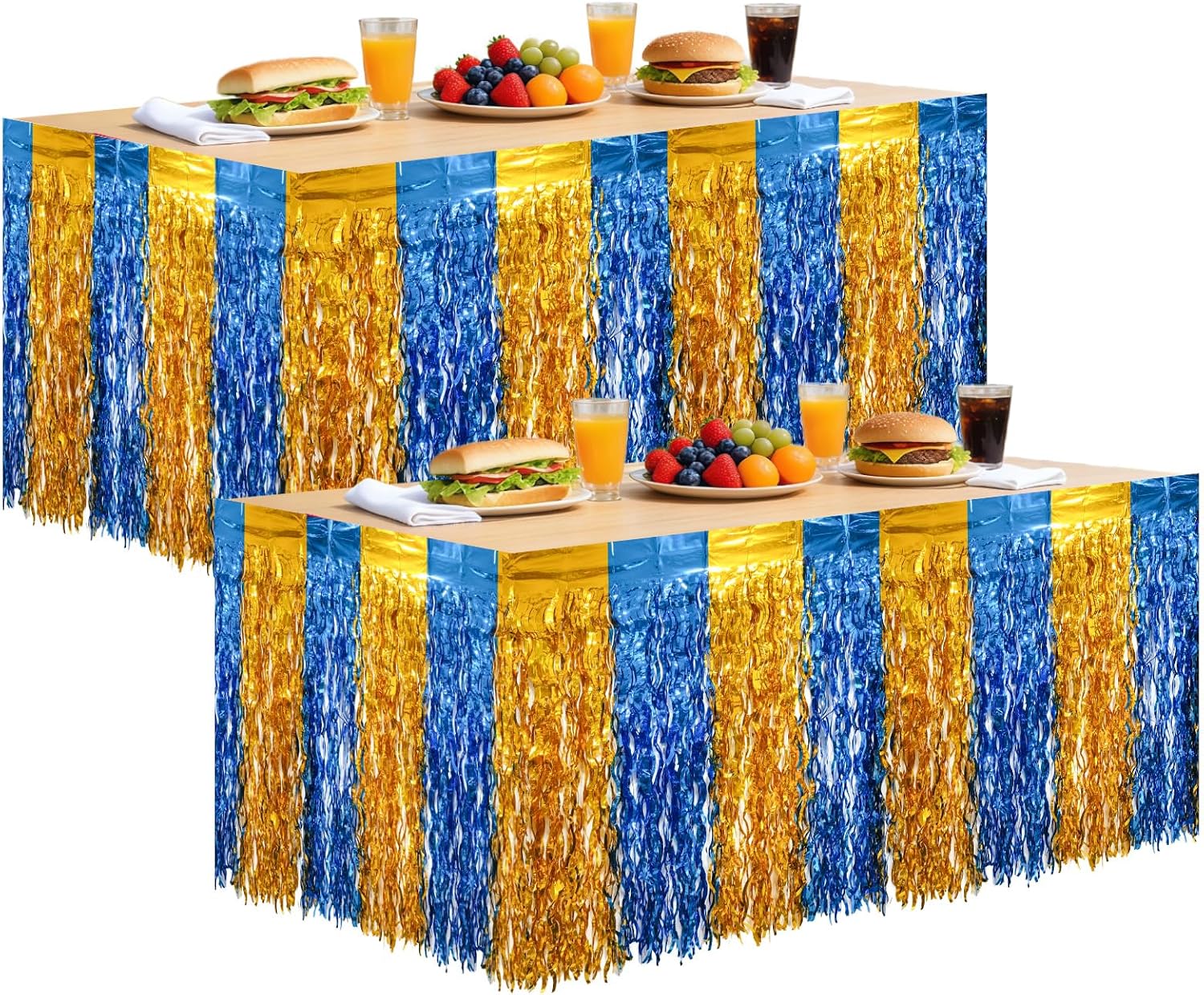 2 Pack 2.5 x 9 Ft 2026 Graduation Party Decorations Wavy Metallic Tinsel Foil Fringe Table Skirts Shimmering Blue Gold Garland Streamers for Graduation Prom Birthday Party Backdrop