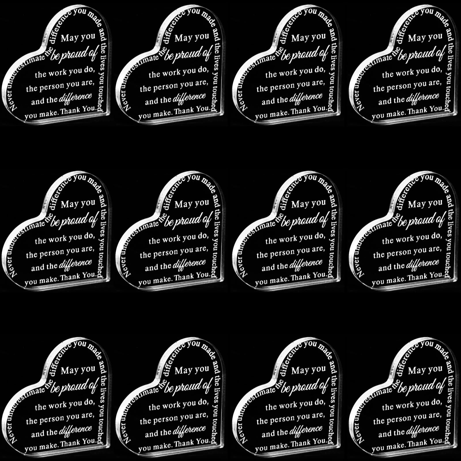 Herzförmige Acryl-Auszeichnungstafeln, 12-teiliges Set für Mitarbeiter, Dankeschön, Ruhestand & Abschiedsgeschenke, inspirierende Schreibtischdekorationen