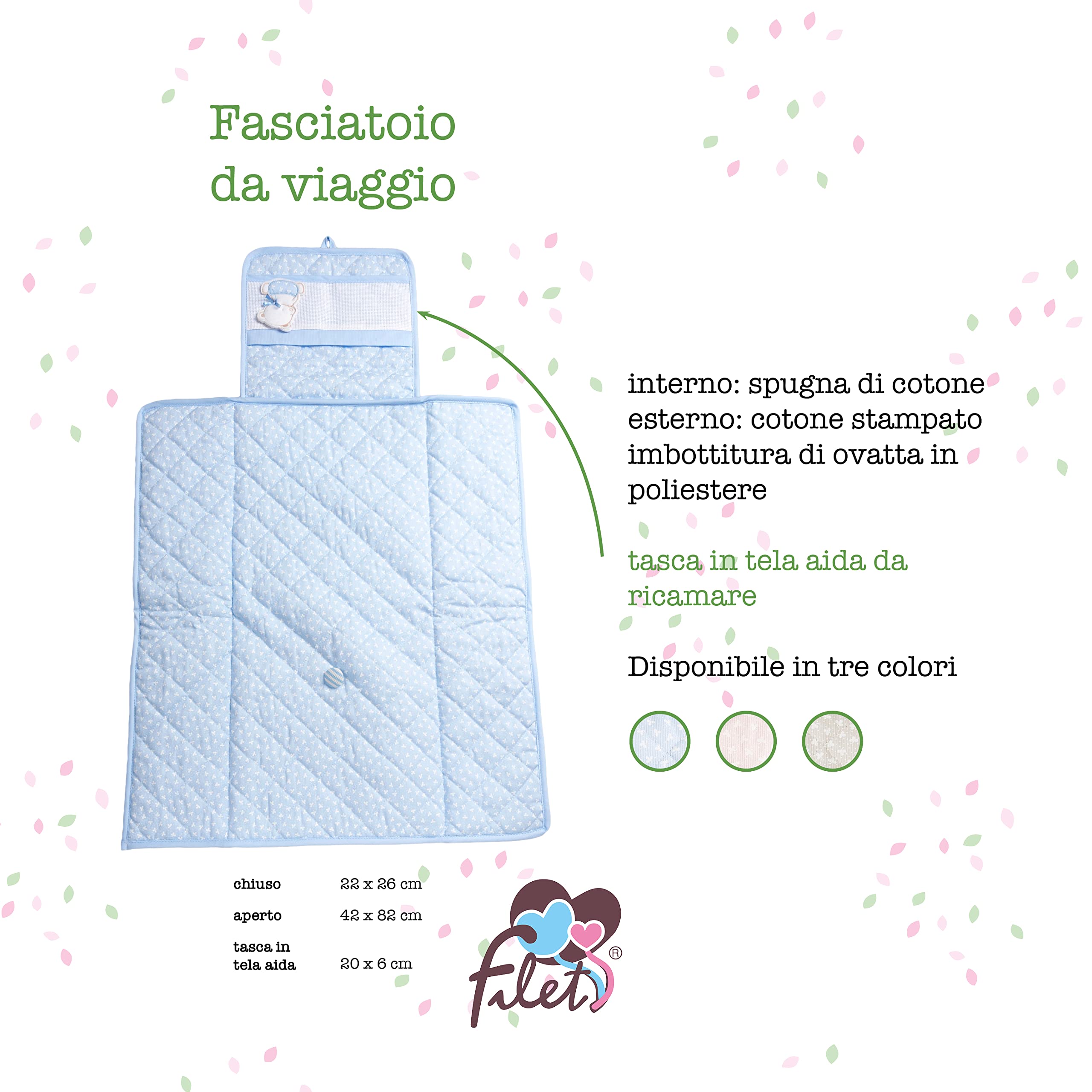 FILET - Table à Langer pour Voyage, Table à Langer Portable pour le Changement de Couche, Réalisé en Coton Rembourré, avec Poche en Toile Aida pour Broder, 100% Made in Italy, Trèfle Bleu AMP1119B