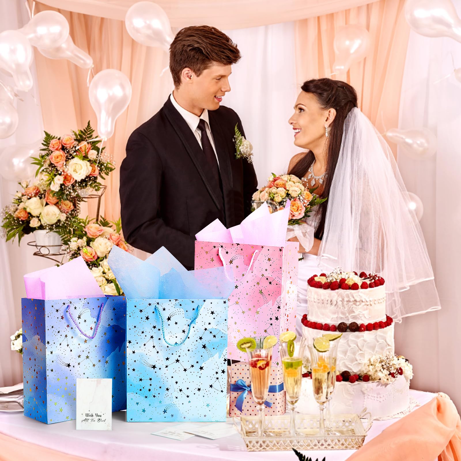 Liobelon Set 3 Sacchetti Regalo Floreali Con Biglietto E Veline – Dipinto A Olio 3D Per Matrimoni