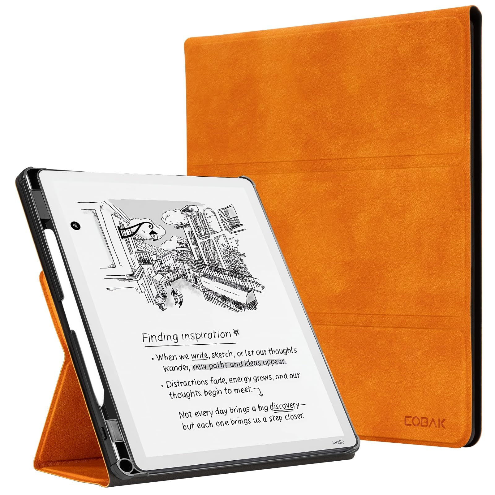 CoBak Case for 11" Kindle Scribe 3rd Generation 2025, Kindle Scribe Colorsoft with Two Viewing Angles - All New PU Leather Cover with Auto Sleep Wake, Pen Holder. Orange Crossgrain