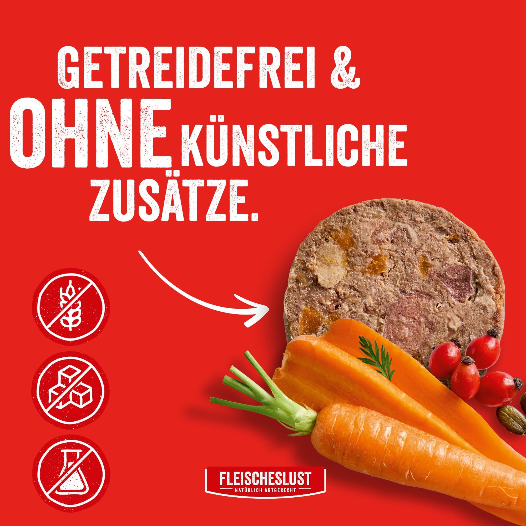 Fleischeslust Hundewurst | Zartes Rind mit Karotte, Hagebutte & Kürbiskernen | Futterbox (6x800g) | Nassfutter | schnittfest | getreidefrei | Alleinfuttermittel für ausgewachsene Hunde