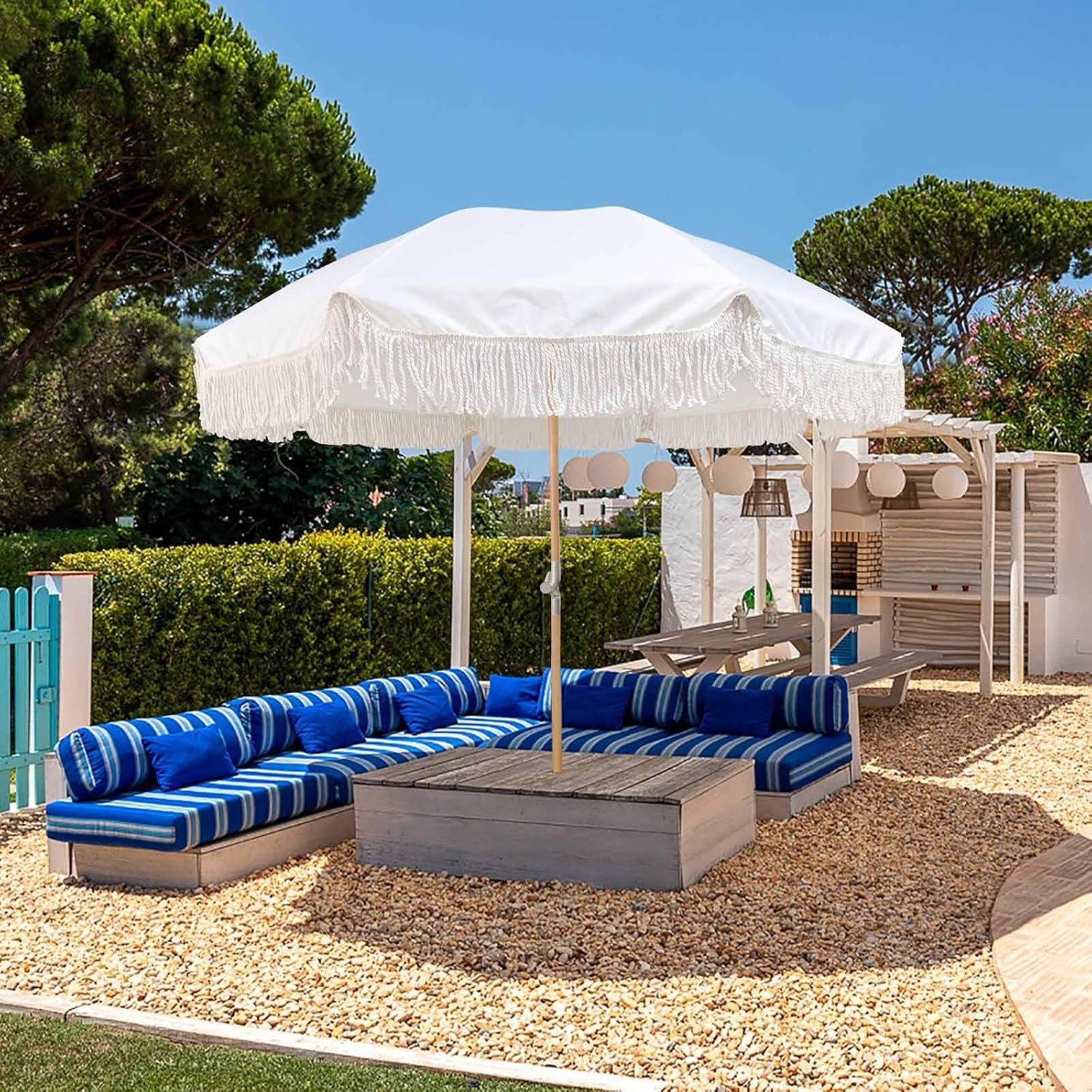 Market Patio Table Umbrella Sunshade, 6ft Boho Pool Beach Umbrella, Portable White Garden Umbrella with Storage Bag, Sturdy Umbrella Pole and Skeleton, Waterproof, for Patio Garden Pool Backyard