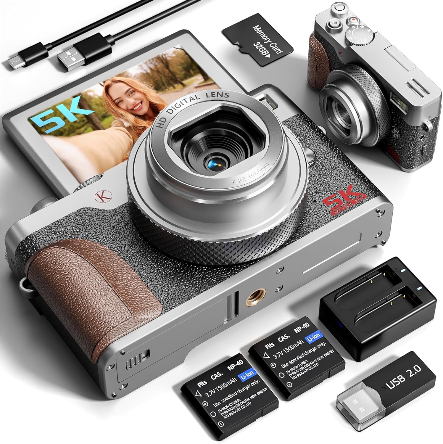 5K 64MP Digital Cameras for Photography,18X Zoom Anti-Shake Vlogging Camera for YouTube, Autofocus Digital Cameras with 32GB TF Card & 2 Batteries (Silver)