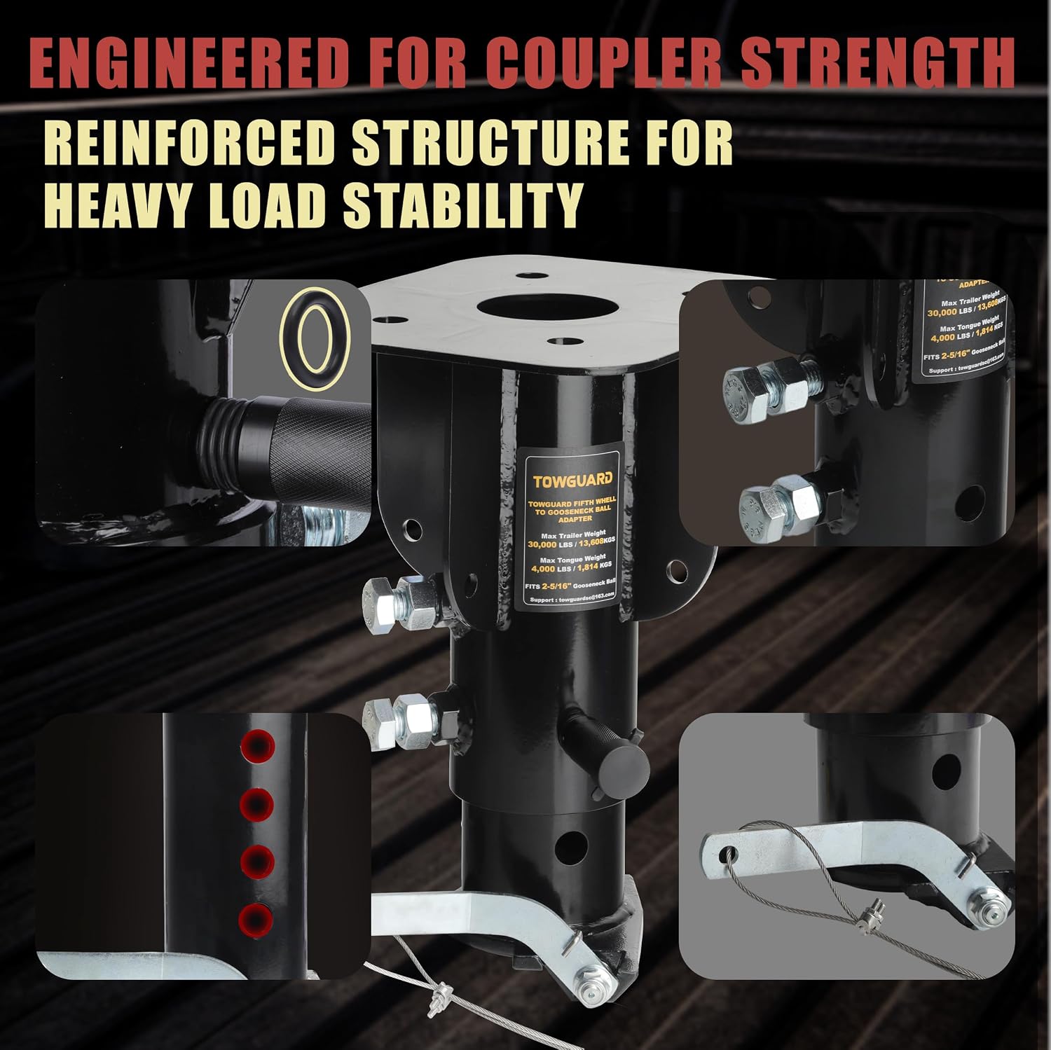 Adjustable Cushioned 5th Wheel to Gooseneck Ball Adapter, 12"-16", Compatible with Convert-A-Ball King Pin Box, Heavy Duty Safety Chain