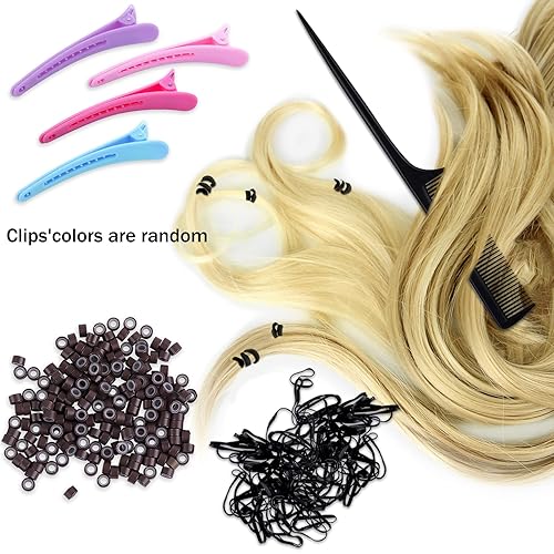 Miniatura 6 de Duufin Kit de extensiones de cabello, 500 piezas de cuentas de micro anillo marrón, 1 alicates de microcuentas, 2 ganchos, aguja de tracción, 4