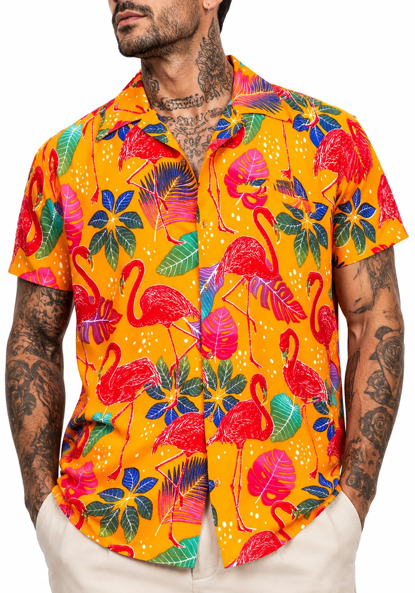King Kameha Men's Funky-Flamingos-Design-Yellow Funky-Flamingos Short-Sleeve Hawaiian-Shirt Novelty Summer-Vibes, Funky-Flamingos, Yellow, L