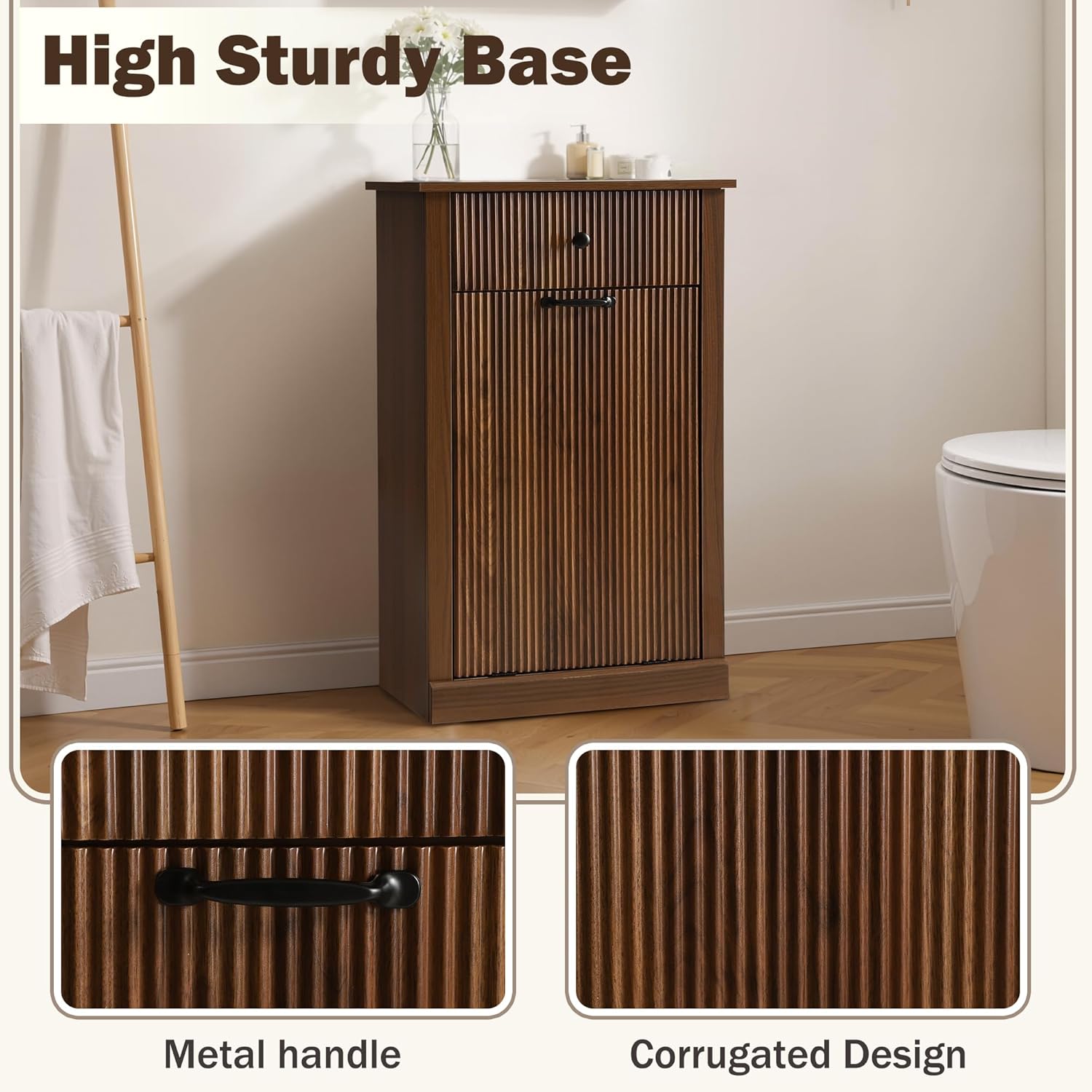 Wood Laundry Basket Cabinet, Hidden Trash Can Cabinet with Drawer, Versatile Storage Hamper Cabinets, Vertical Corrugated Laundry Hamper for Bathroom, Living Room, Kitchen (brown)