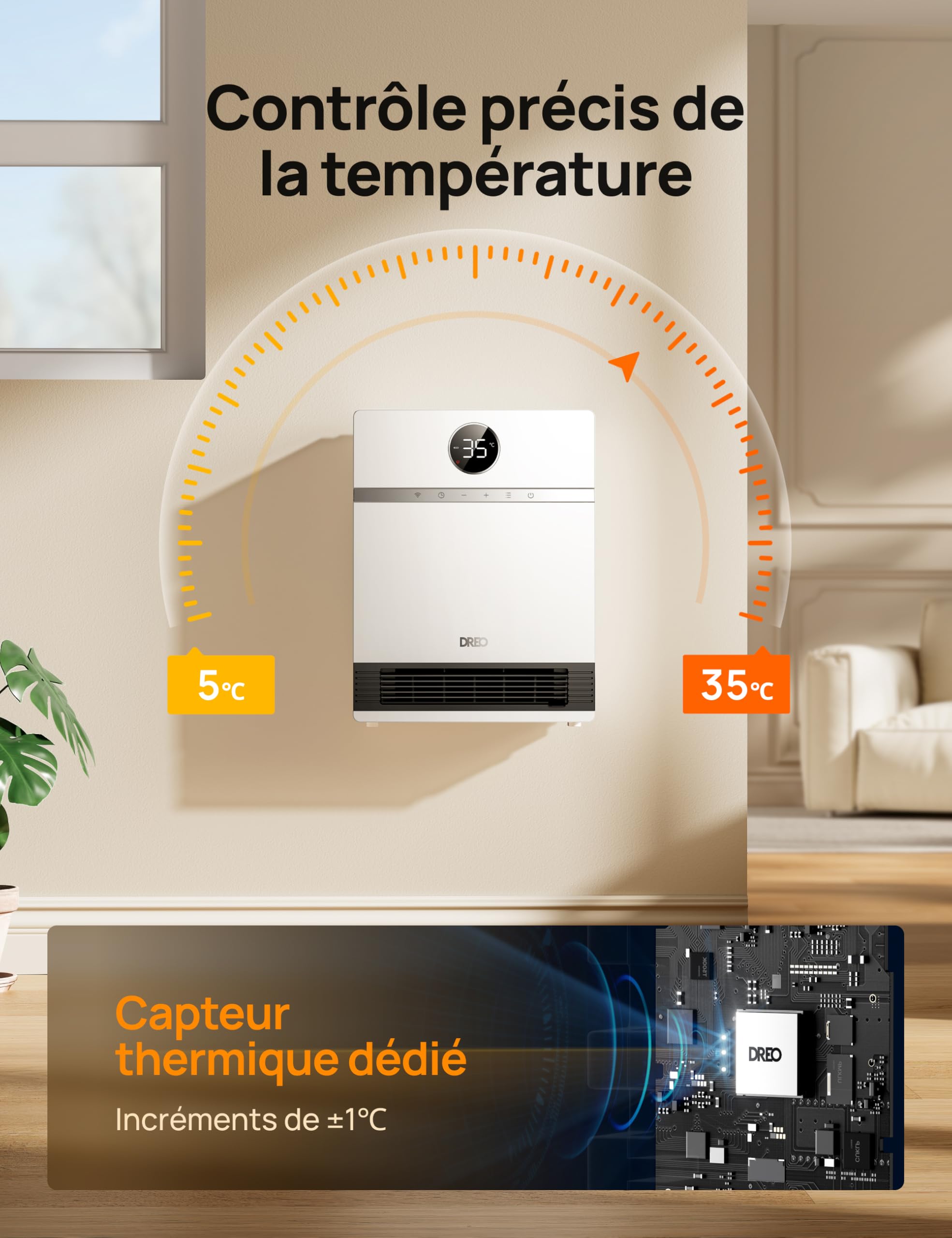 Dreo Intelligent Chauffage d'appoint, Oscillation à 30°, 2000W Chauffage Soufflant Mural, Salle de Bain, Thermostat Réglable, Télécommande, 24H Minuterie, Installation Facile, Compatible avec Alexa