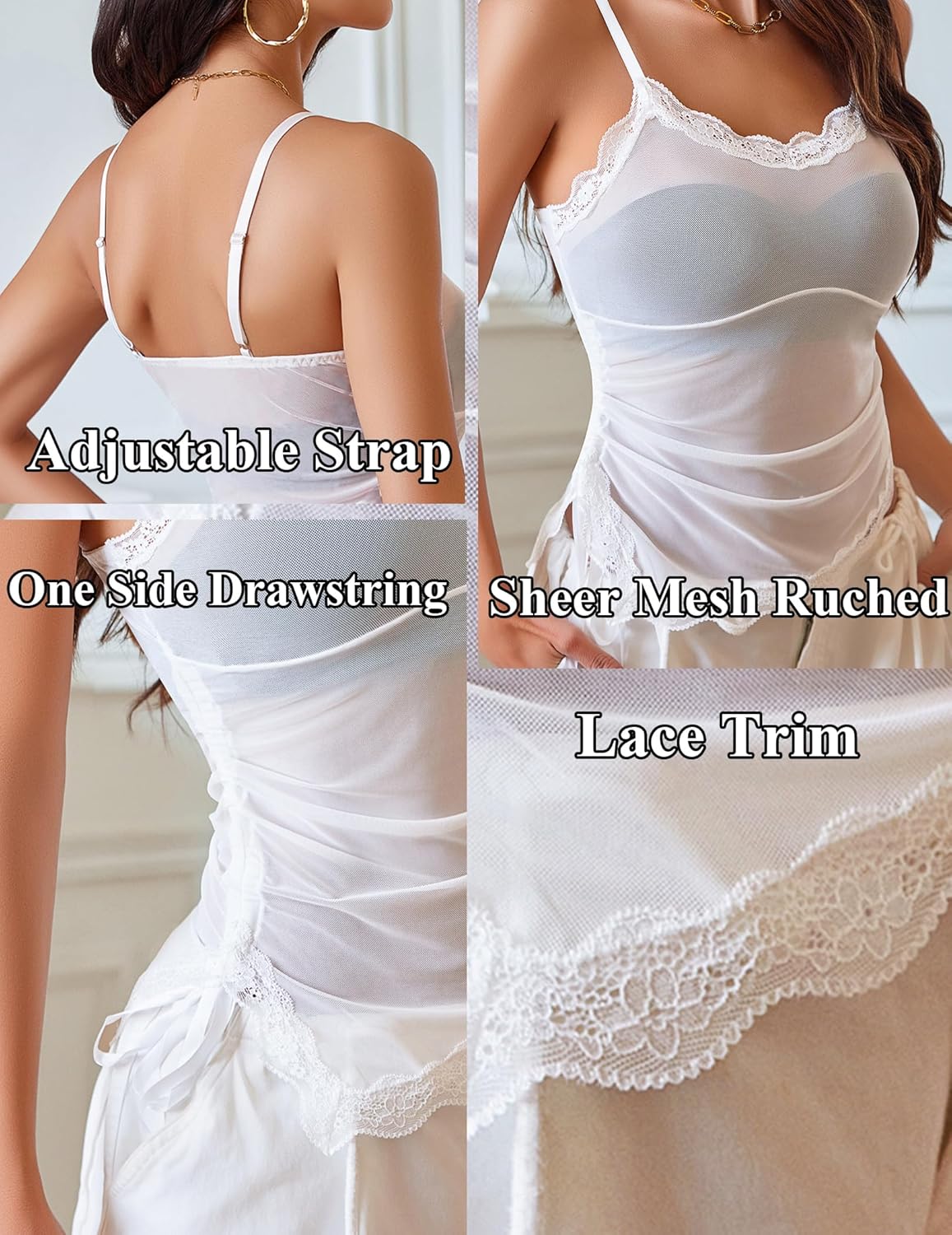 Avidlove Mesh Tops for Women Sheer Cami Camisole Top Ruched Mesh Tank Top Drawstring Asymmetrical Hem - Image 4