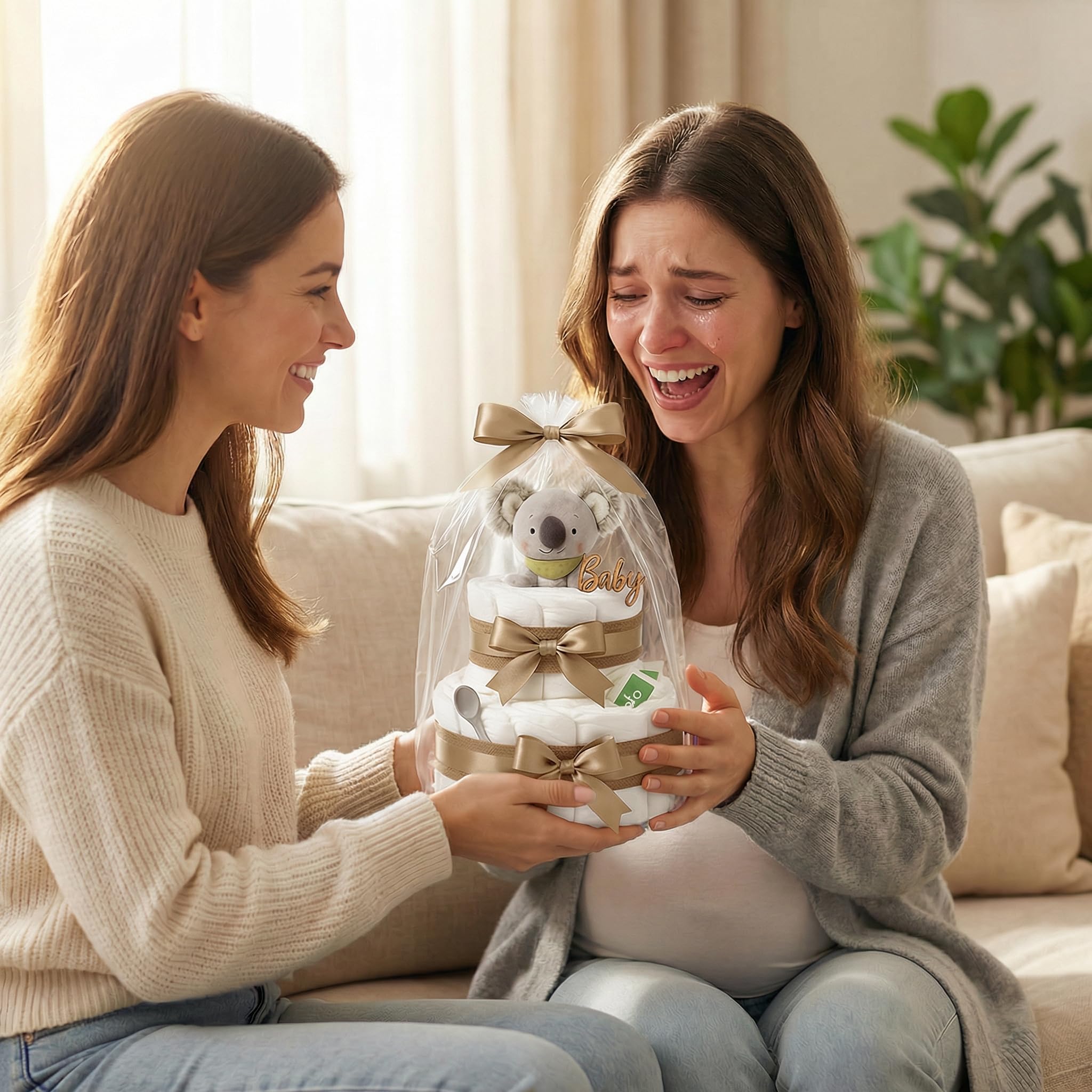 Torta di pannolini per bambine e ragazzi con koala – Boho Vintage [fatto a mano] – Regalo per la nascita con manico koala, pannolini premium e tè biologico, torta di pannolini neutra e per baby shower
