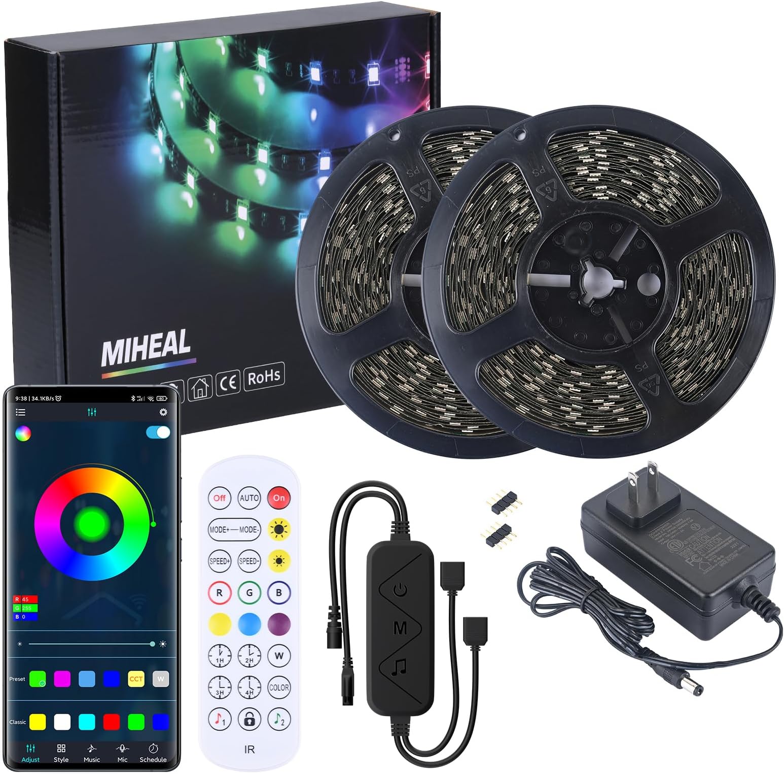 Led Strip Lights Kit 65.6ft 5050 SMD RGB Flexible LED Tape Lights with UL Power Supply IR Remote Controller for Under Cabinet Lighting Bedroom, Living Room