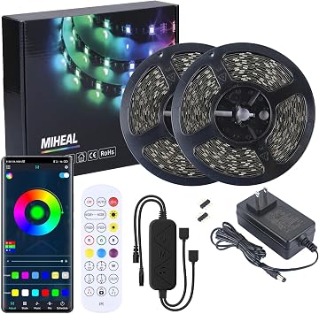 MIHEAL Led Strip Lights Kit 65.6ft 5050 SMD RGB Flexible LED Tape Lights with UL Power Supply IR Remote Controller for Under Cabinet Lighting Bedroom, Living Room