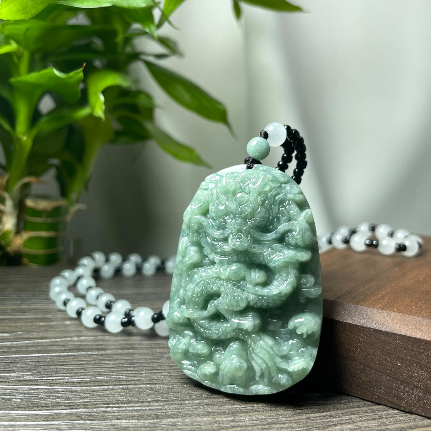 Real Jade Dragon Necklace, Big Green Jade Year of Dragon Pendant Status Charm, Chinese Lunar New Year Lucky Jewelry Gift, Men Women, Silver Chain