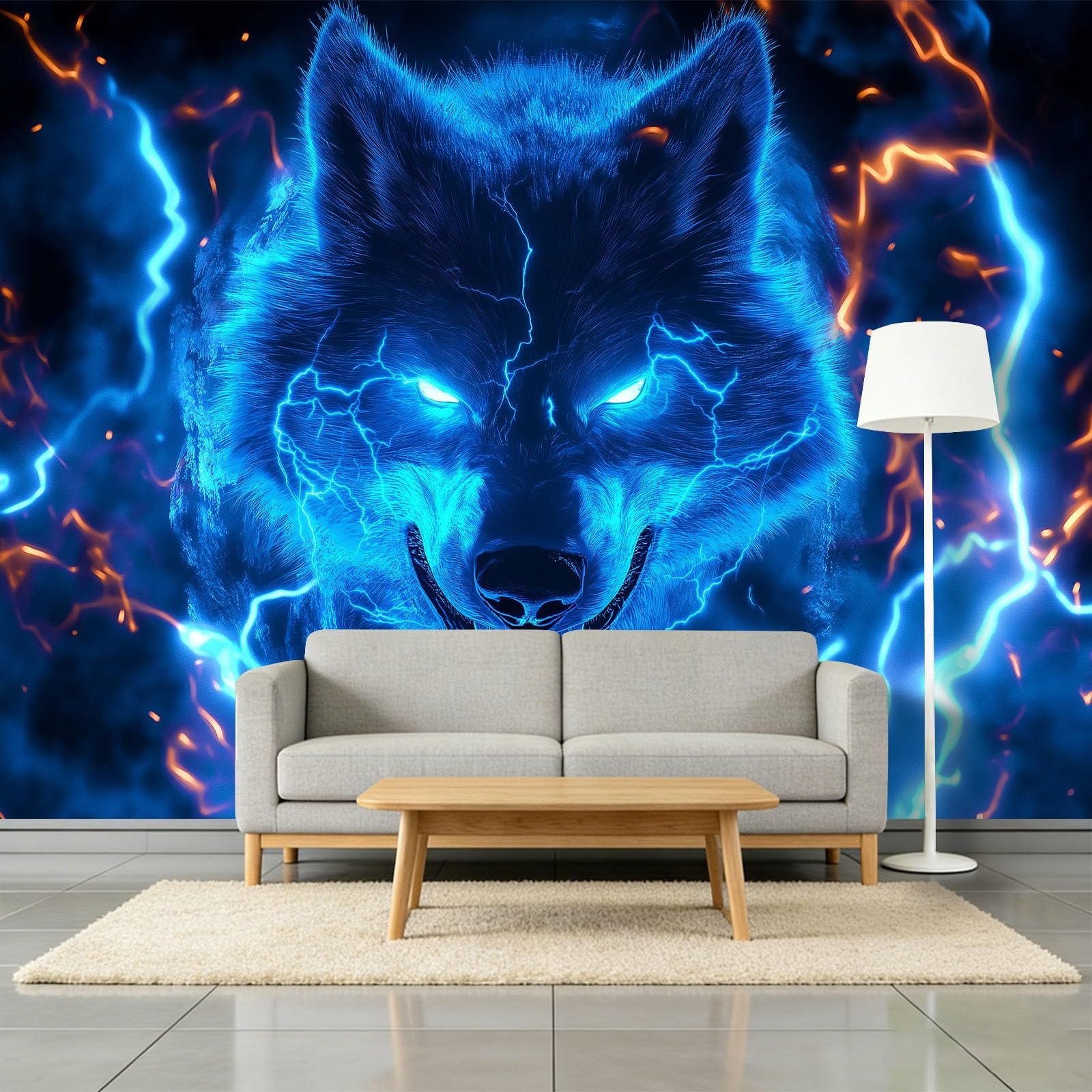 Générique Panoramiczna tapeta 3D 250 x 175 cm nieryczne zwierzęta wilk świecące tapety z włókniny, plakat ścienny do salonu, dekoracji pokoju dziecięcego, łatwy montaż, niebieska