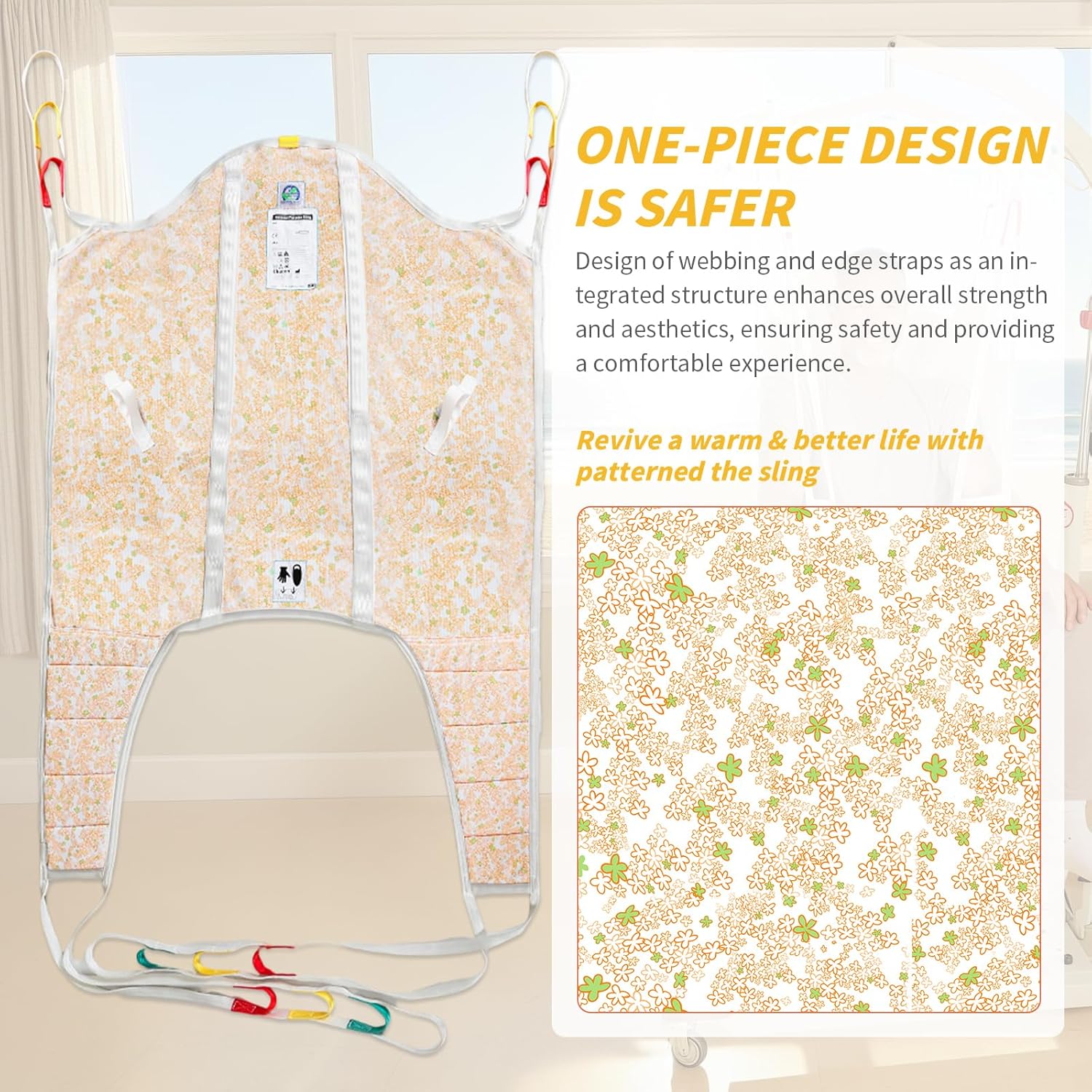 Patient Lift Sling with High Back,Patient Divided Leg U Sling for Transfer,Positioning or Lifting with Warm & Caring Patterns-SWL 500LBS (Bright Forest Blossom Pattern, Large)