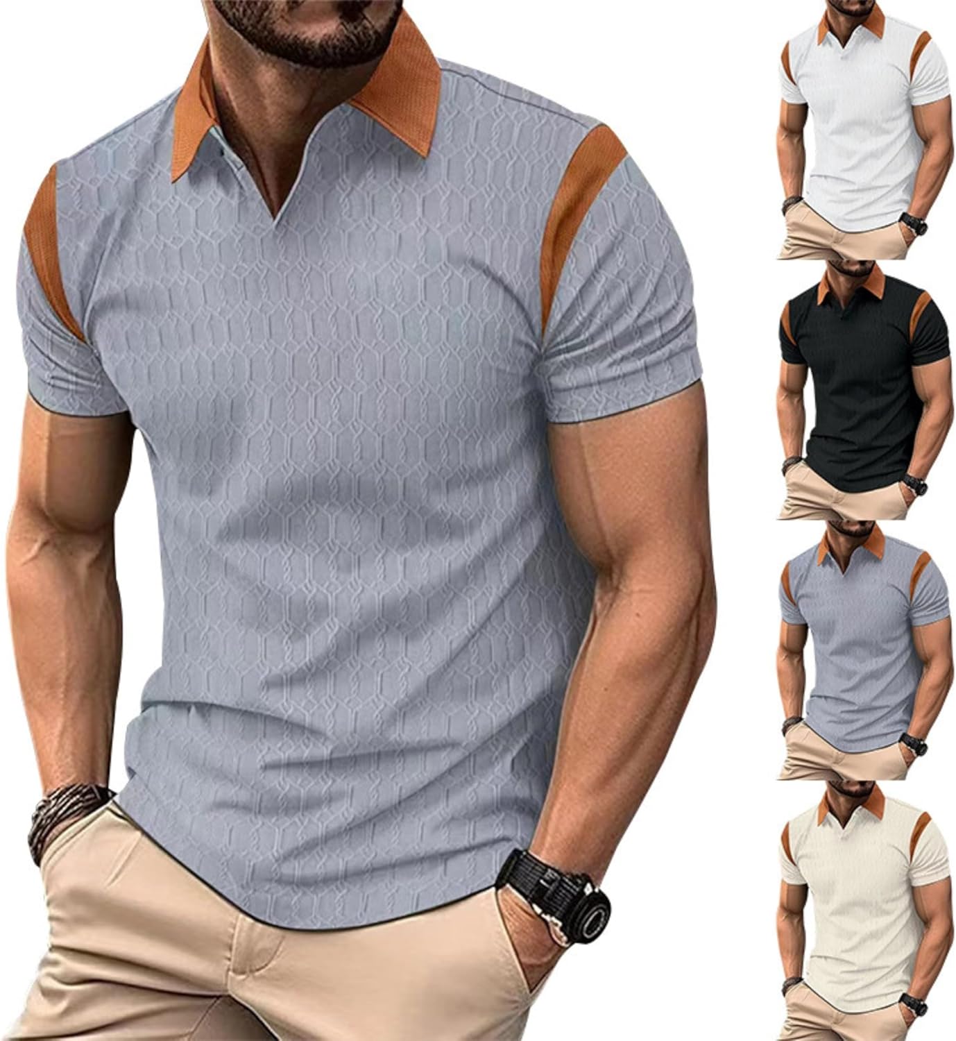 Men's Golf Polo Shirts Short Sleeve Color Block Textured Slim Fit Lapel T-Shirts Summer Fashion Workout Athletic Tees