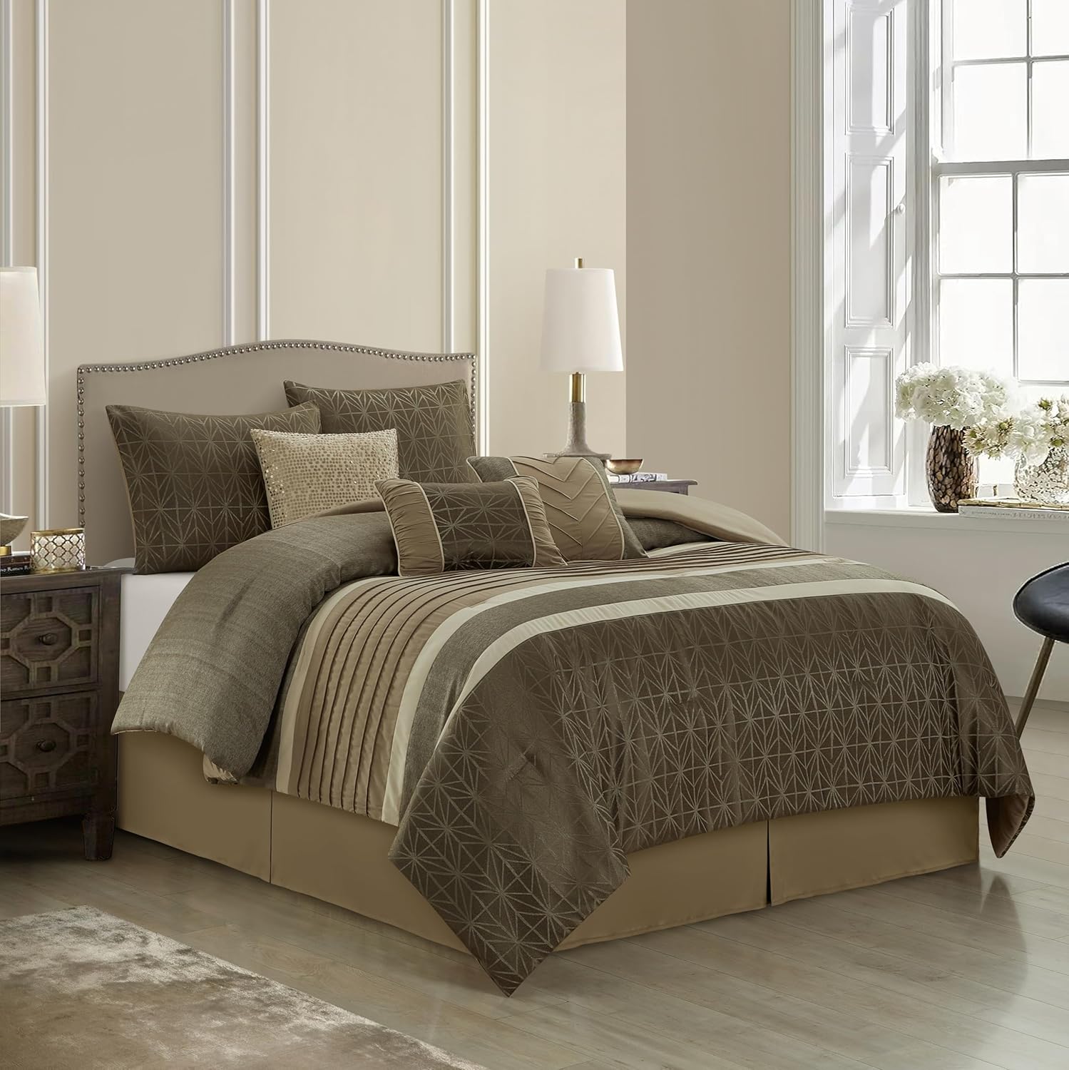 Grand Avenue Taupe Comforter Set King Size, Geometric Bedding Set, Jacquard with Matching Solid Piecework, Bedskirt, Pillows & Shams