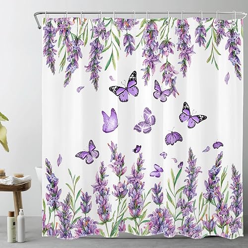 Cortina de ducha floral morada, lavanda morada y mariposa sobre blanco, cortinas de ducha para baño, juego de cortina de ducha con plantas de flores