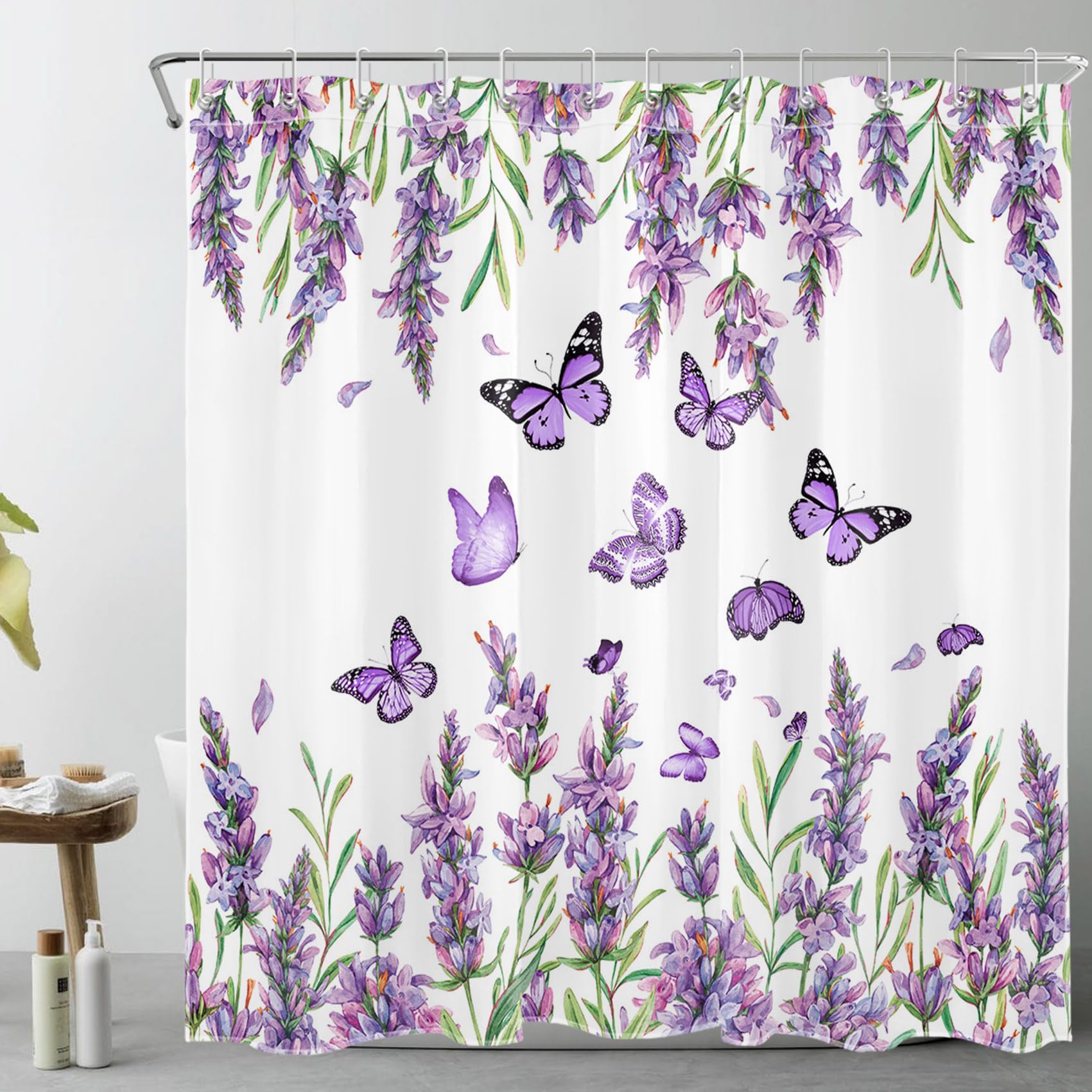 MEUNEAR Purple Floral Shower Curtain Purple Lavender and Butterfly on White Shower Curtains for Bathroom, Rustic Flower Plant Shower Curtain Set