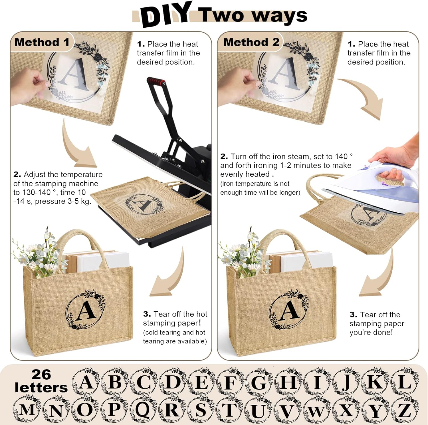 ULENDIS 12 Pack Burlap Jute Tote Bag with Handles, Large Reusable Grocery Beach Bag with 26 Iron on Letters transfers, Laminated Interior Blank DIY Crafts Bags for Bridesmaid Gift Travel Shopping - Image 6